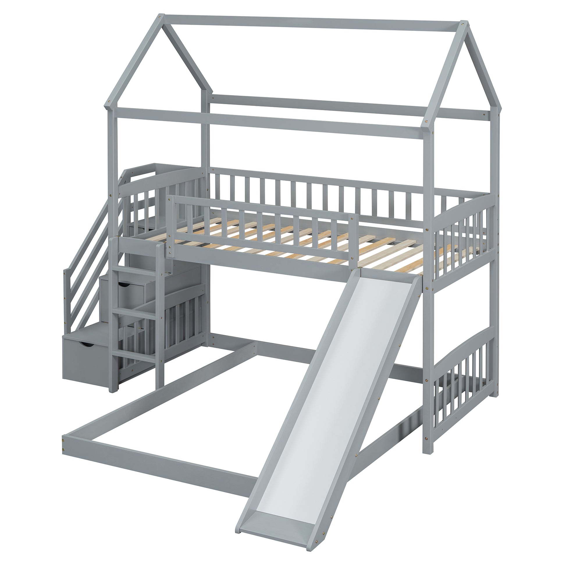 Twin Over Twin Bunk Bed With Two Drawers And Slide, House Bed With Slide, White Old Sku :Lt000129Aae Gray Pine