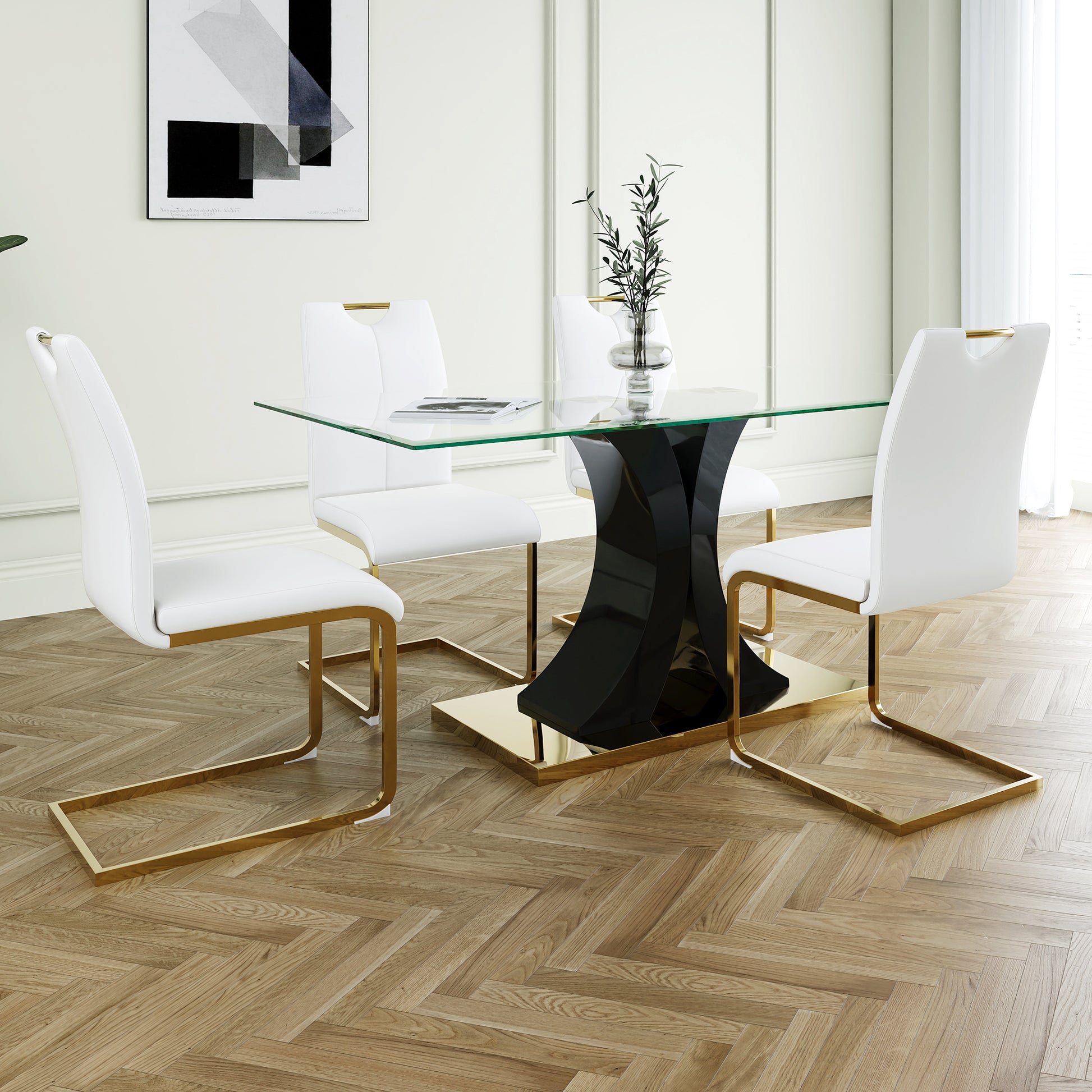 Modern Style Glass Dining Table, Elegant Transparent Design, Solid Support Base, White Dining Chair Set, Gold Plated Legs, Suitable For Restaurant Kitchen Use Set Of 5 White Gold Seats 4 Mdf Glass