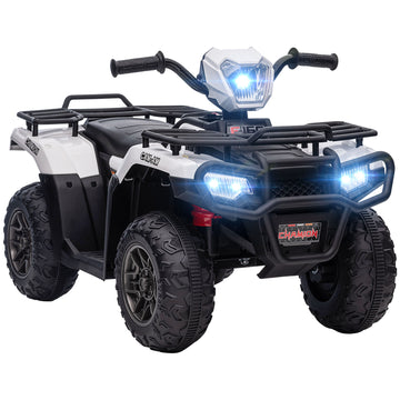 Aosom 12V Ride On Atv For Kids, Kids Electric 4 Wheeler With Headlight, Music, Mp3, Treaded Tires, Battery Powered Kids Quad For Toddler, White White Plastic