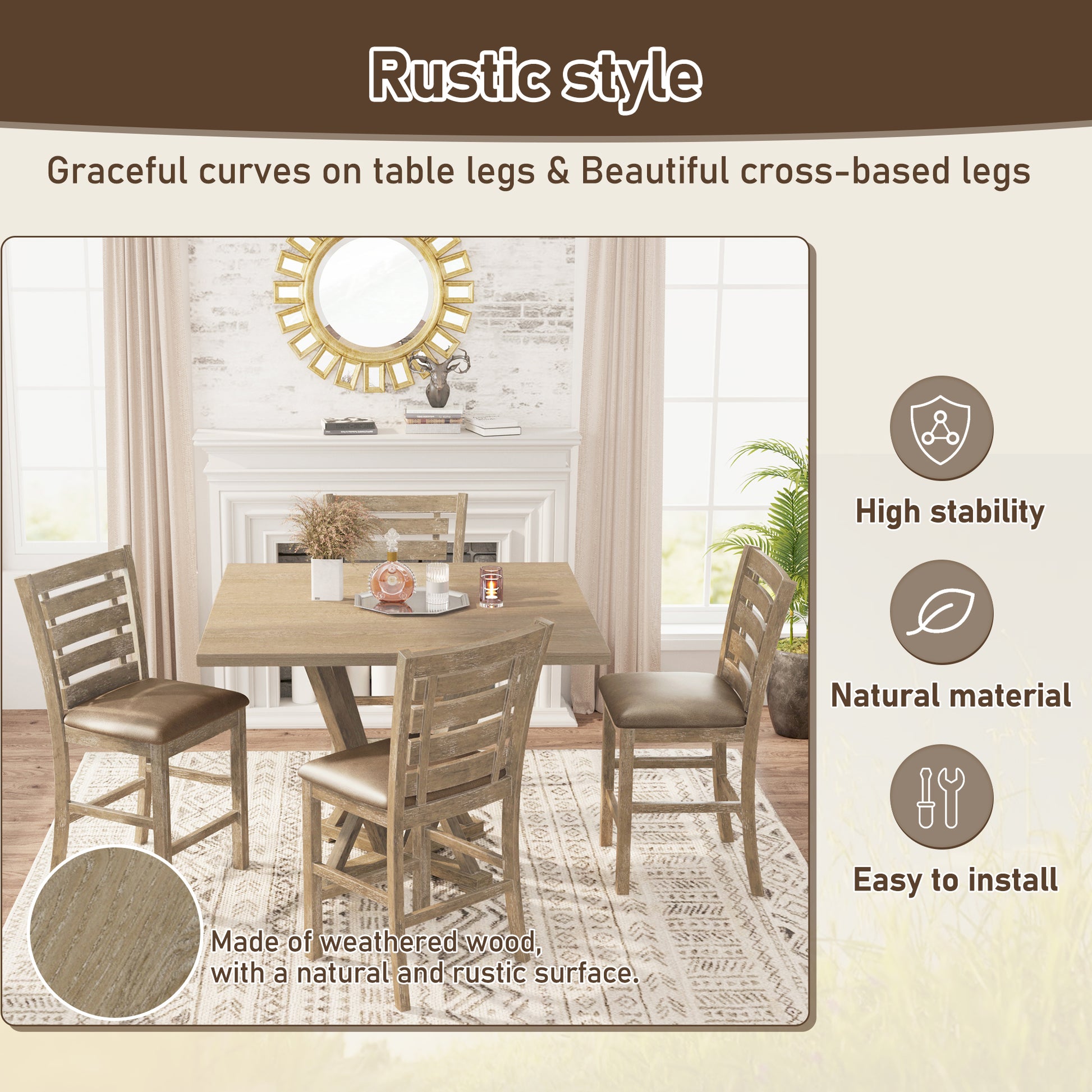 Modern Farmhouse Square Counter Table 45Inch Solid Wood Rubberwood Antique Finishing Rustic Look Distressed Look Wire Brushed For 4 Seaters 36Inch Height Grayish Brown Light Brown Distressed Finish Dining Room Antique,Farmhouse,French