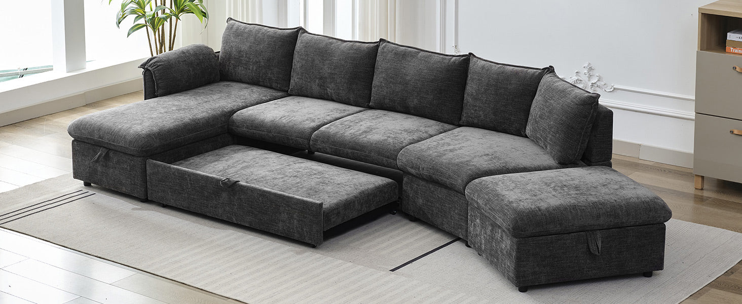 146.9" L Shaped Sofa Sectional Sofa Couch Pull Out Sofa Bed With A Movable Storage Ottoman, A Storage Chaise Lounge And Two Usb Ports For Living Room, Grey Grey Foam Linen 5 Seat