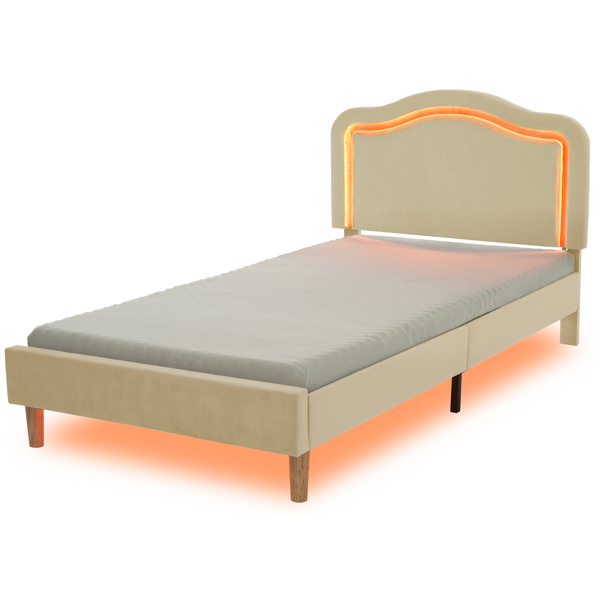 Twin Size Velvet Upholstered Smart Led Bed Frame With Adjustable Height Headboard,No Box Spring Needed,Easy Assembly,Beige Box Spring Not Required Twin Beige Wood Bedroom Cute,Modern Bed Frame Wood