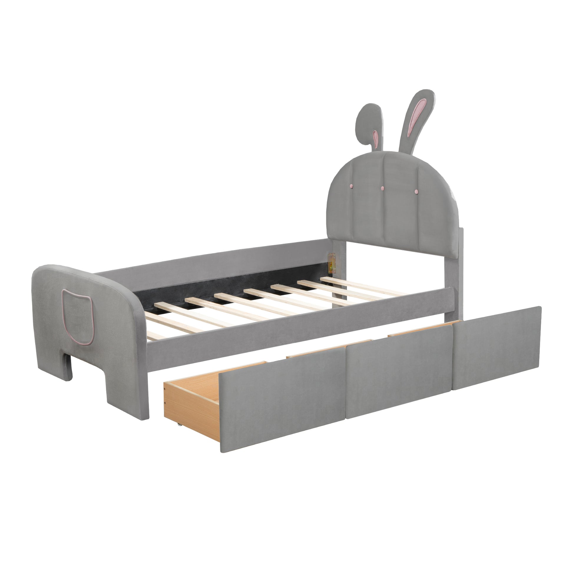 Twin Size Velvet Platform Bed With Rabbit Shaped Headboard, With Drawers, With Bed End Storage Pocket, Gray Twin Gray Plywood