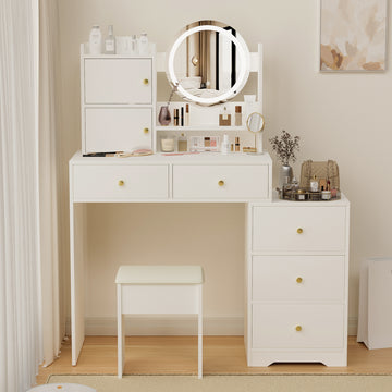 Fashion Vanity Desk With Mirror And Lights For Makeup And Cushioned Chair, Vanity Mirror With Lights And Table Set With 3 Color Lighting Brightness Adjustable,Dressing Table, White Color White