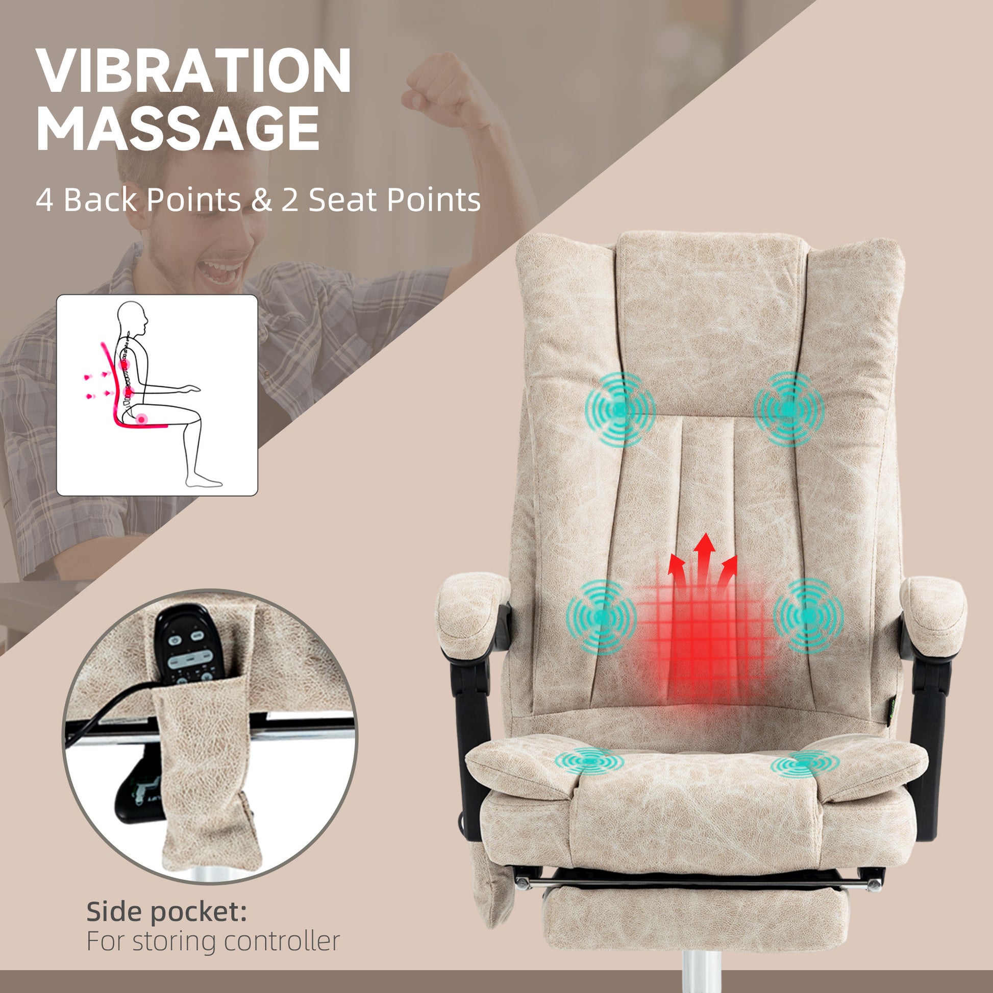 Vinsetto Microfiber Office Chair, High Back Computer Chair With 6 Point Massage, Heat, Adjustable Height And Retractable Footrest, Cream White Cream White Polyester