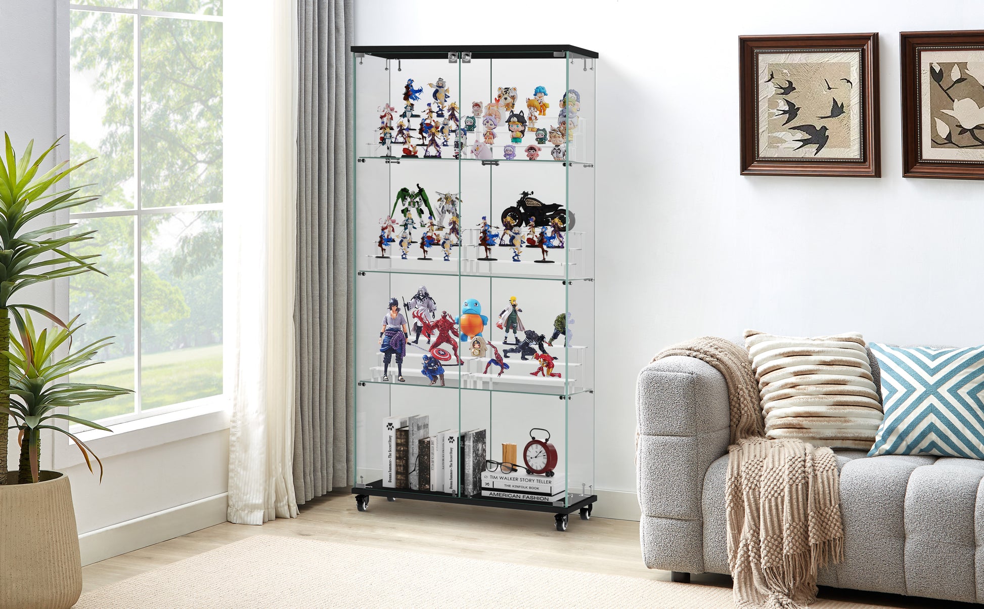 4 Tier Glass Display Cabinet, Double Door Glass Cabinet With Two Locks, Floor Standing Storage Cabinet With 6 Acrylic Shelves For Living Room, Bedroom And Office, Black, 31.5"L X 14.2"W X 65.1"H