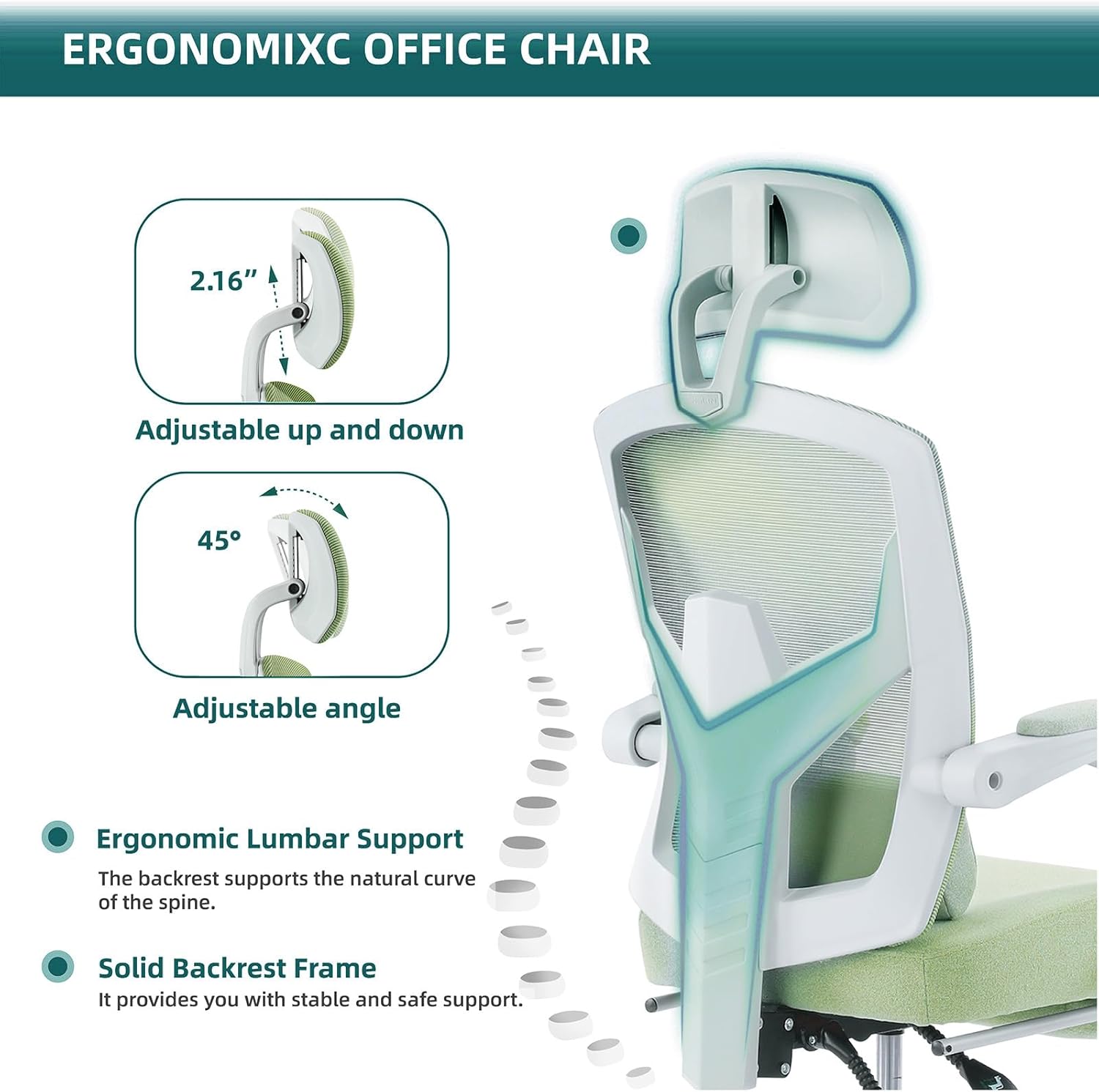 Retractable Footrest Ergonomic Swivel Office Chair With Lumbar Support Pillow And Padded Armrests, Green Green Metal