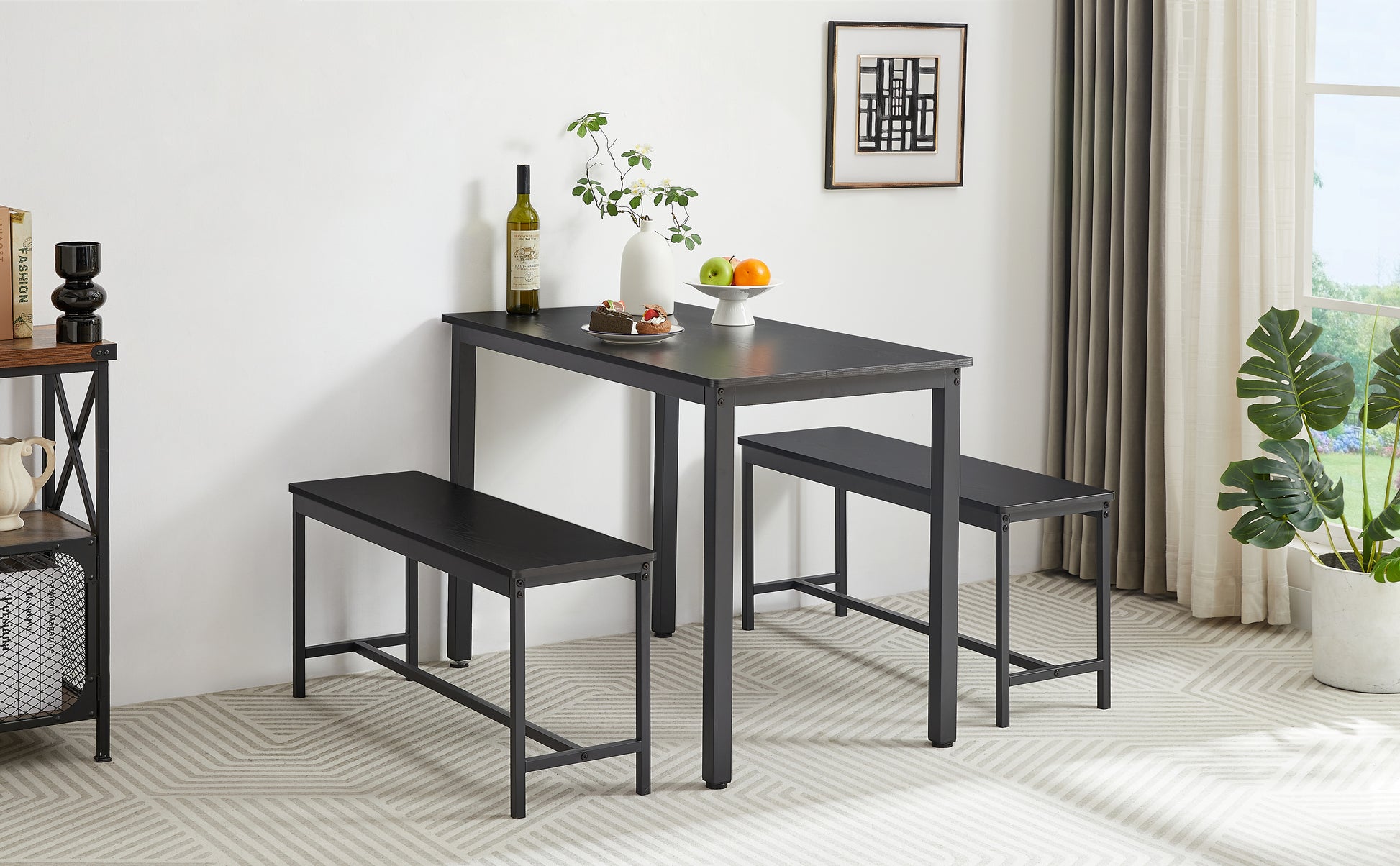 Dining Table Set, Bar Table With 2 Dining Benches, Kitchen Table Counter With Chairs, Industrial For Kitchen Breakfast Table, Living Room, Party Room, Black43.3 L X23.6 W X 29.9 H Black Particle Board