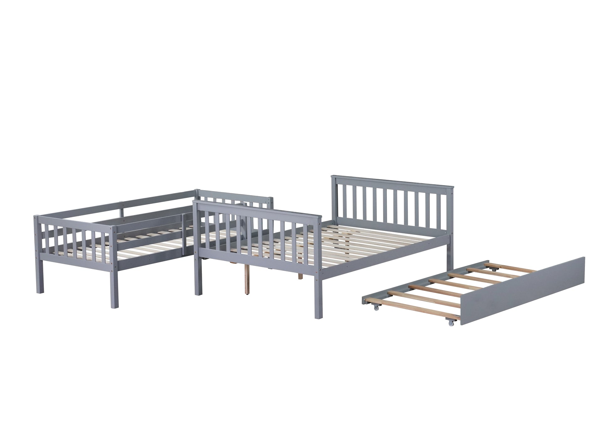 Twin Over Full Rubber Wood Bunk Bed With Trundle, Convertible Ladder And Guardrail, Detachable, Convertible Bed, With Twin Size Trundle ,Grey Twin Grey Rubber Wood