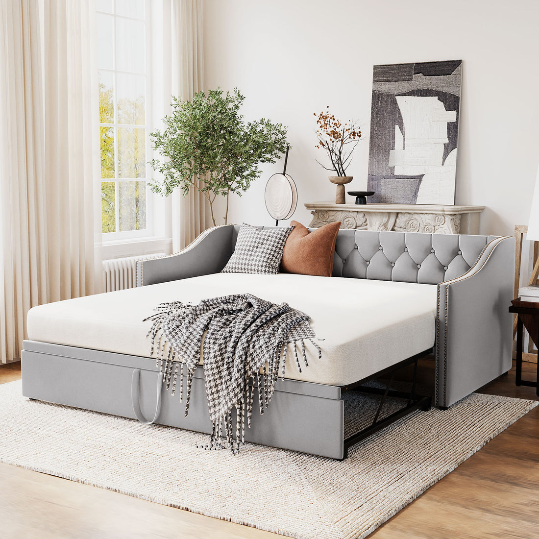 Twin Size Upholstered Daybed With Pop Up Trundle, Gray Twin Gray Upholstered