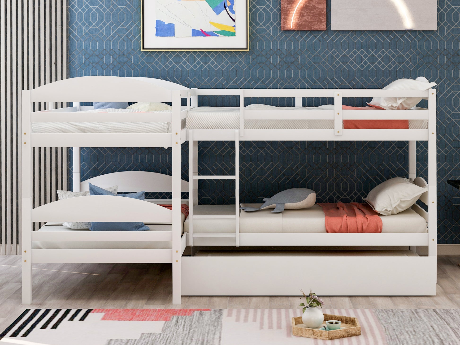 Twin L Shaped Bunk Bed With Trundle White Old Sku:Lp000024Aak White Solid Wood