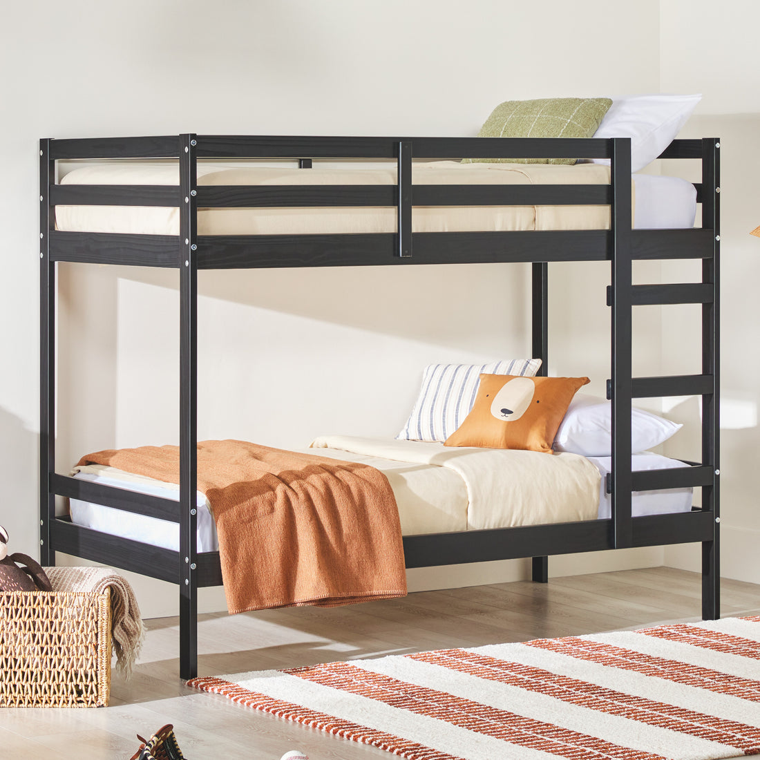 Modern Simple Solid Wood Twin Over Twin Bunk Bed, Black Black Pine Pine