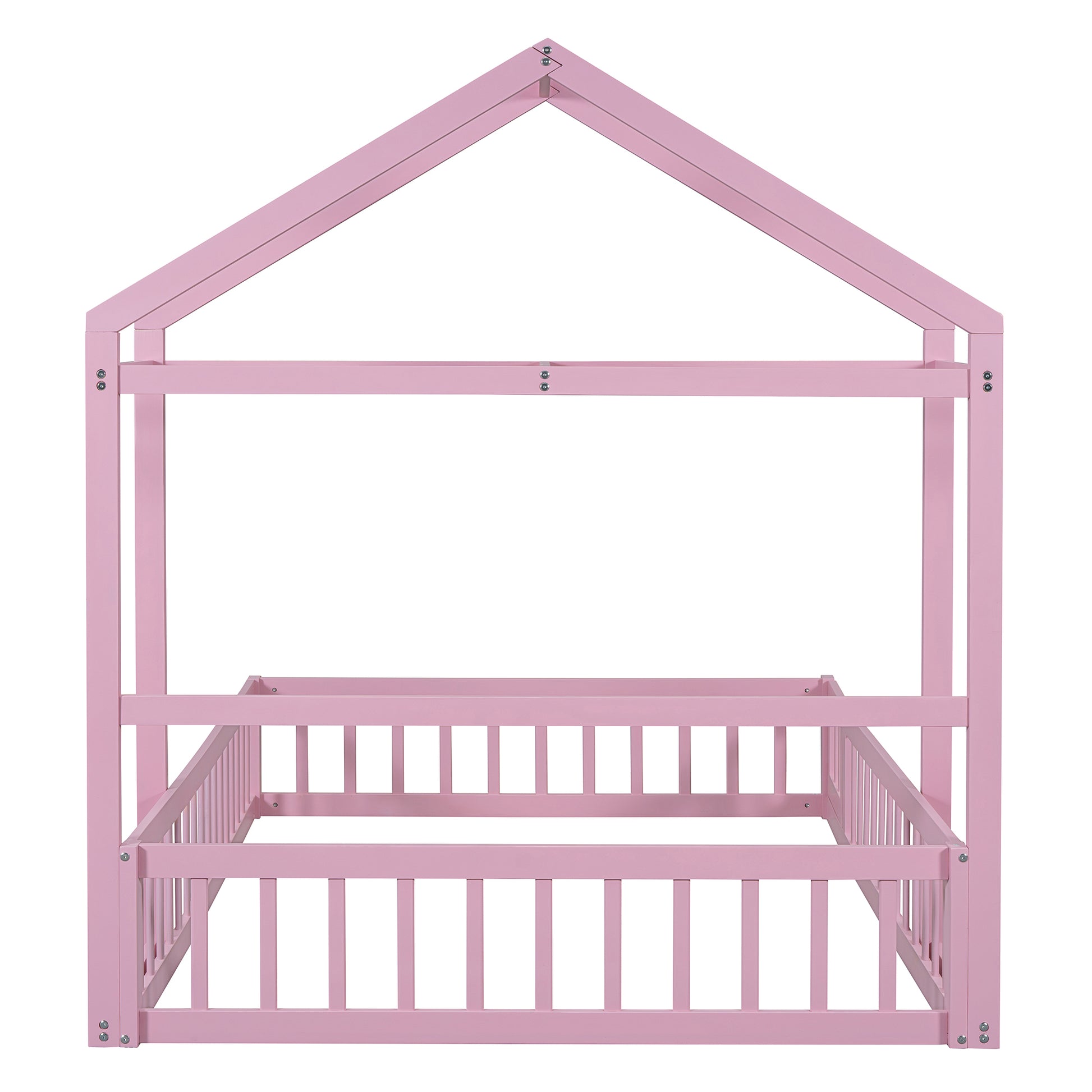 Wooden Floor Bed With Fence Railings And Detachable House Shape Headboard,Full Size Bed With Kids Dress Up Rack, Kids Montessori Style Playhouse Frame For Girls Boys, Pink Full Pink Wood