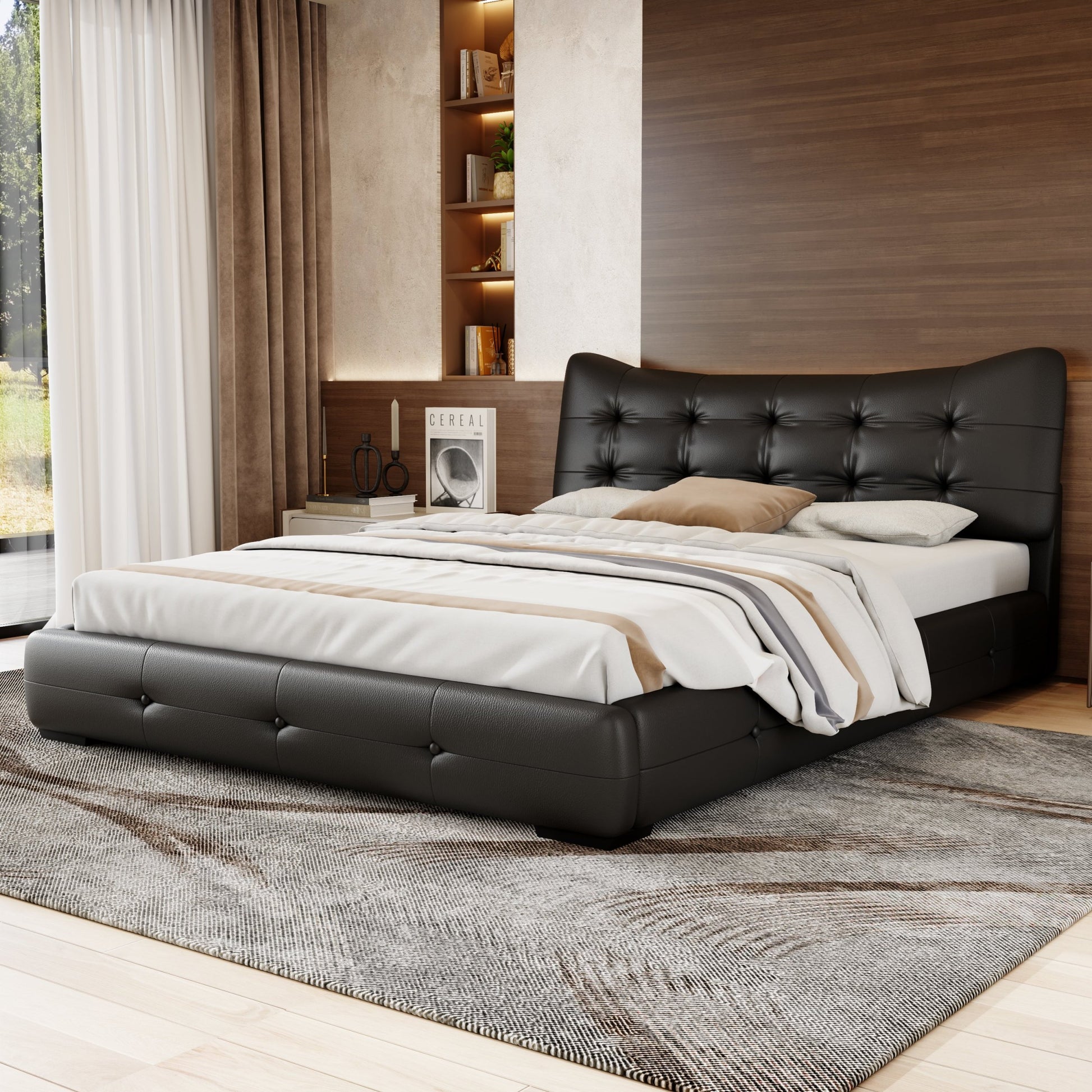 Modern Pu Upholstered Queen Bed With Ergonomic Wingback Headboard, No Box Spring Needed, Black Box Spring Not Required Queen Black Composite Bedroom Contemporary Bed Frame Pu,Upholstered