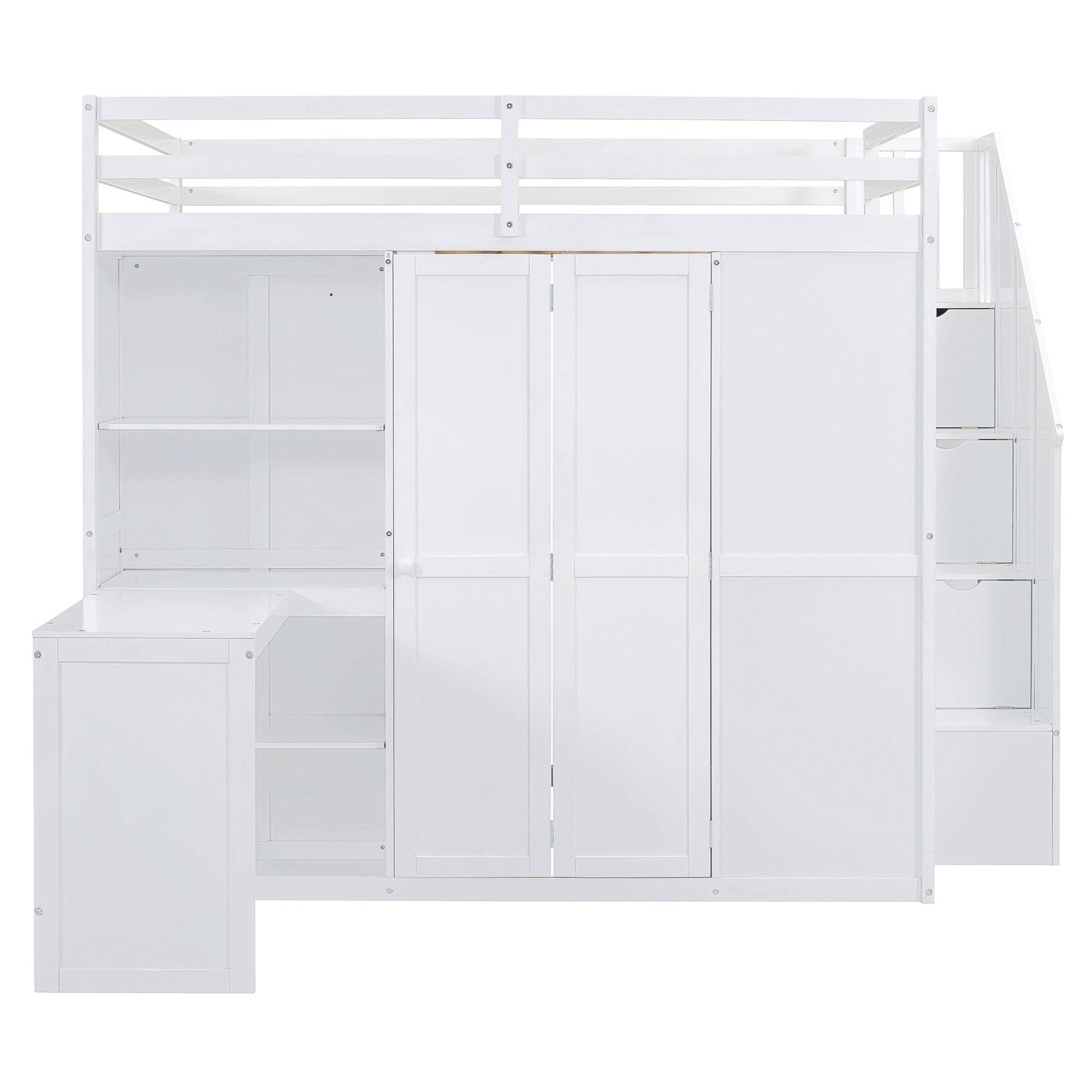 Full Size Bunk Bed With Wardrobe,Desk And Shelves,White White Mdf Lvl