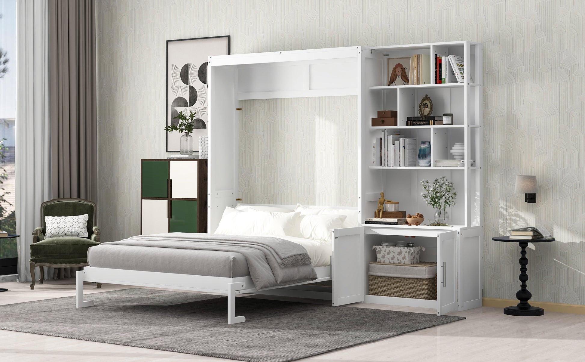 Full Size Murphy Bed With Multiple Storage Shelves And A Cabinet, White Box Spring Not Required Full White Wood Bedroom Murphy Solid Wood Mdf