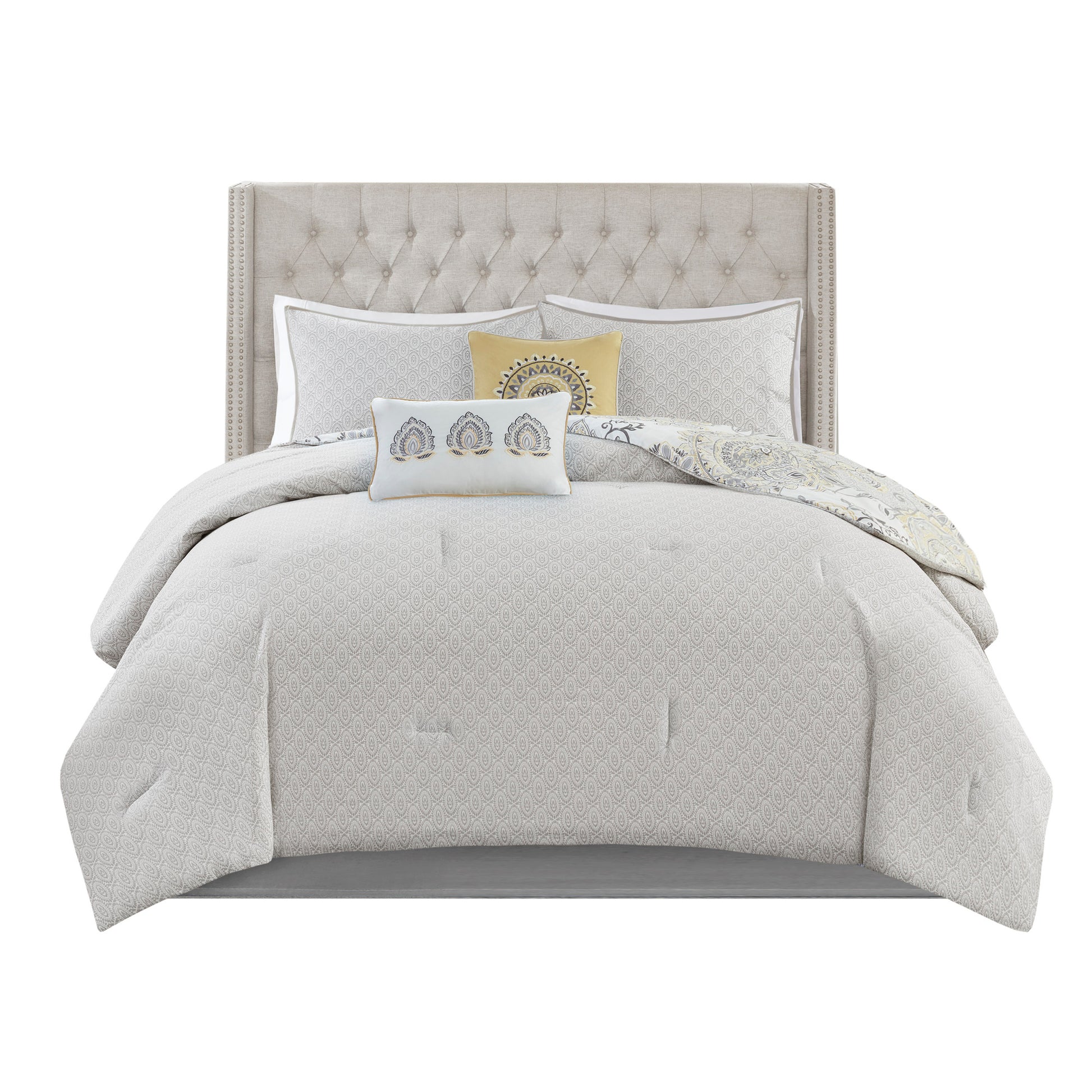 8 Piece Cotton Floral Printed Reversible Comforter Set Yellow Cal King California King Yellow Cotton