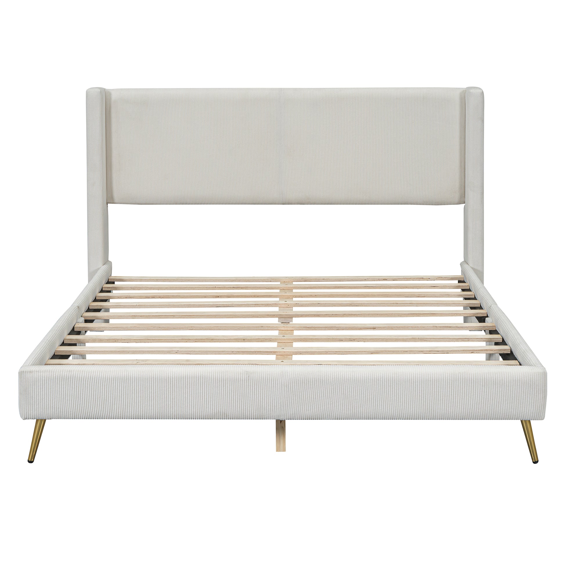 Queen Size Corduroy Platform Bed With Metal Legs, Beige Old Sku:Wf300238Aaa Queen Beige Corduroy