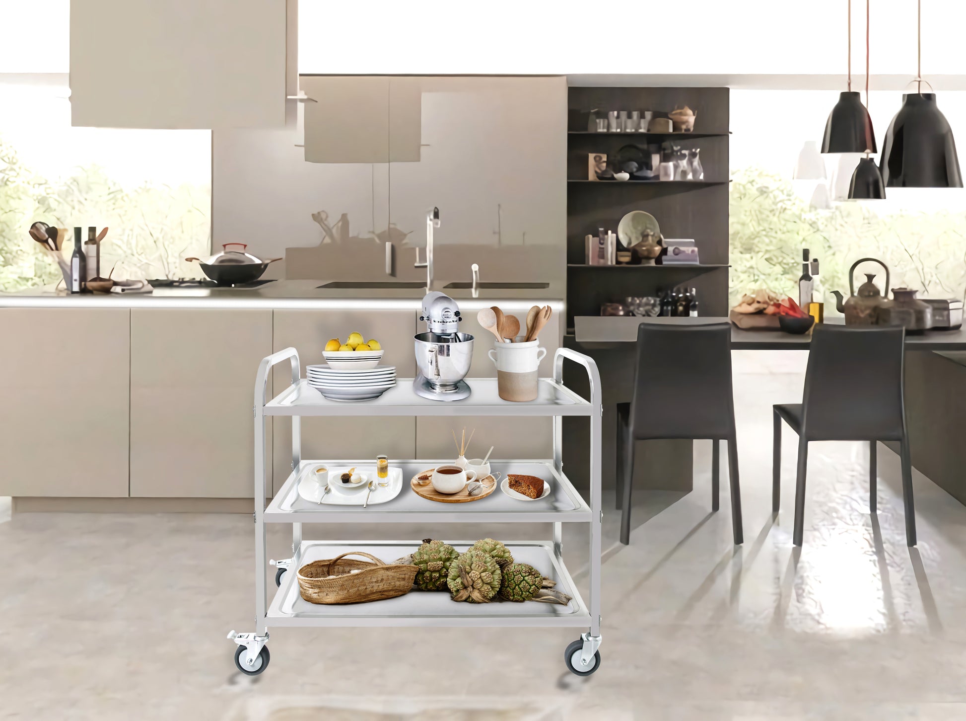 3 Tier Stainless Steel Cart, Serving Cart With Wheels, Restaurant, Household, Service Trolley, 360 Rotation Storage Cart With Locking Wheels 37.4 * 19.2 * 36.6'' L*W*H Rolling Kitchen Food Cart White Silver Stainless Steel