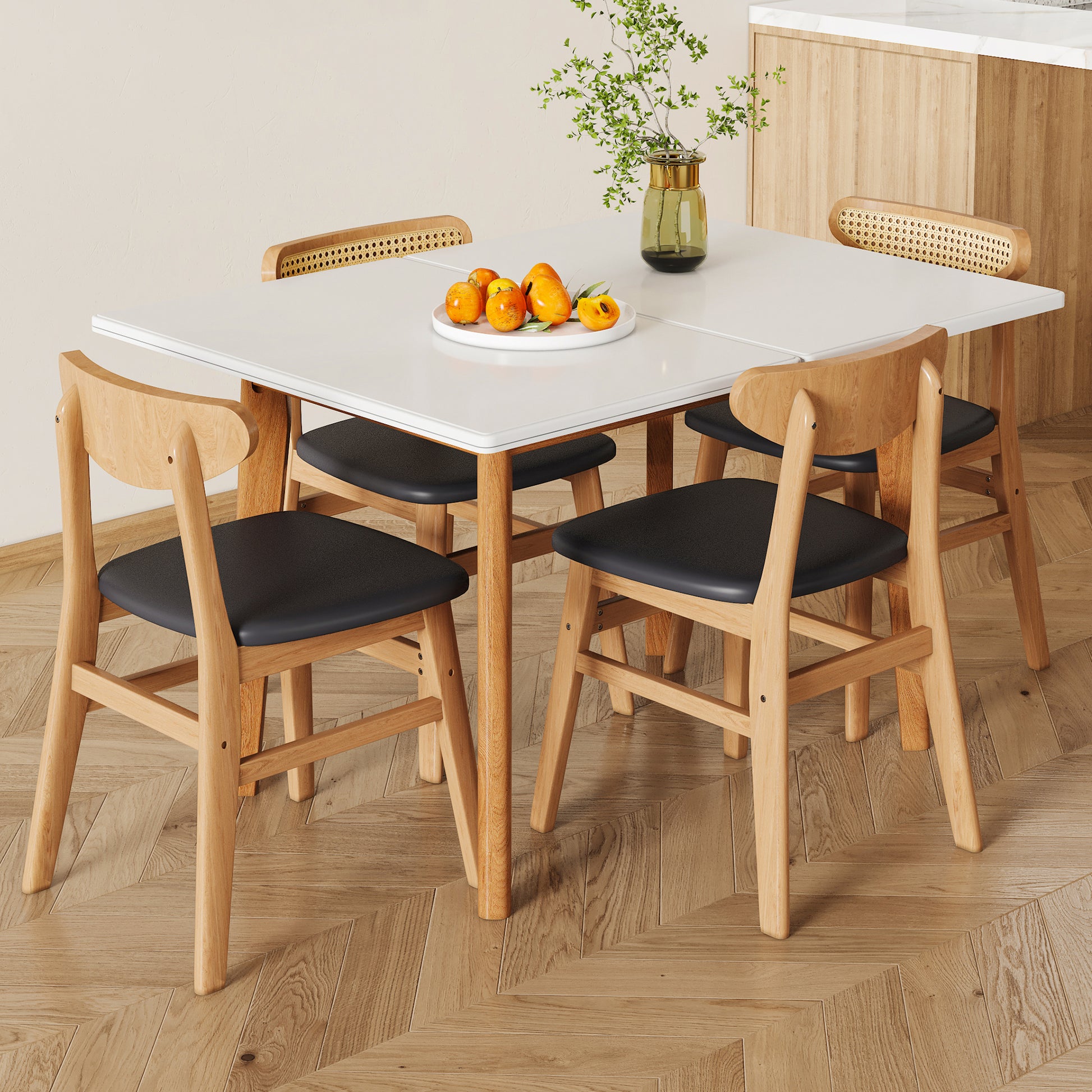 Table And Chair Set. White Sintered Stone Tabletop, Rubberwood Legs, Foldable Computer Desk, Foldable Desk. Solid Wood Dining Chair With Small Curved Backrest And Pu Cushions. Zd 1545 Dx 2361 Wood Seats 4 Wood
