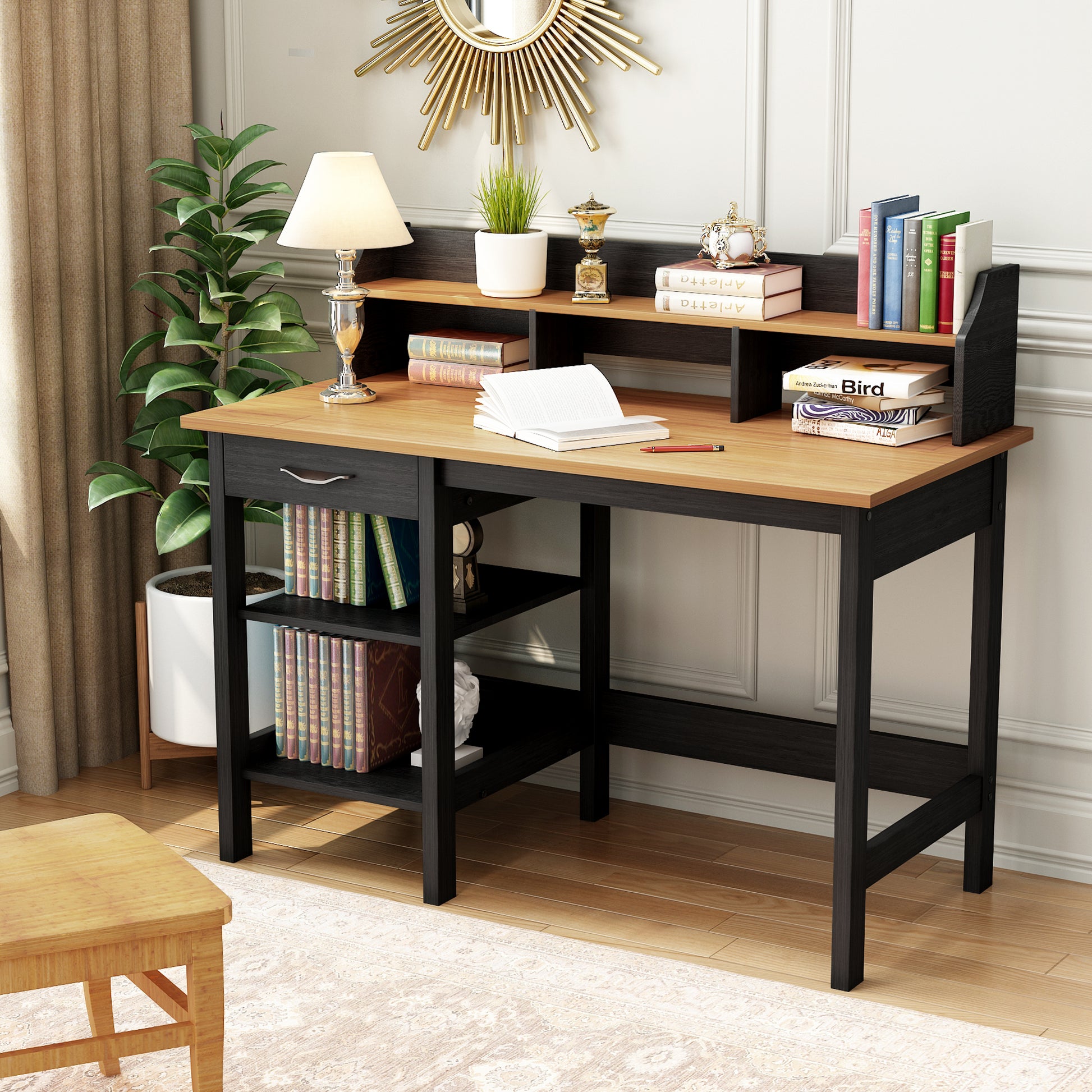 47" Writing Desk With Hutch "Home Office Writing Desk In Honey Maple & Antique Black Spacious Dual Tone Workstation With Drawer And Open Shelves" Antique Black Solid Wood