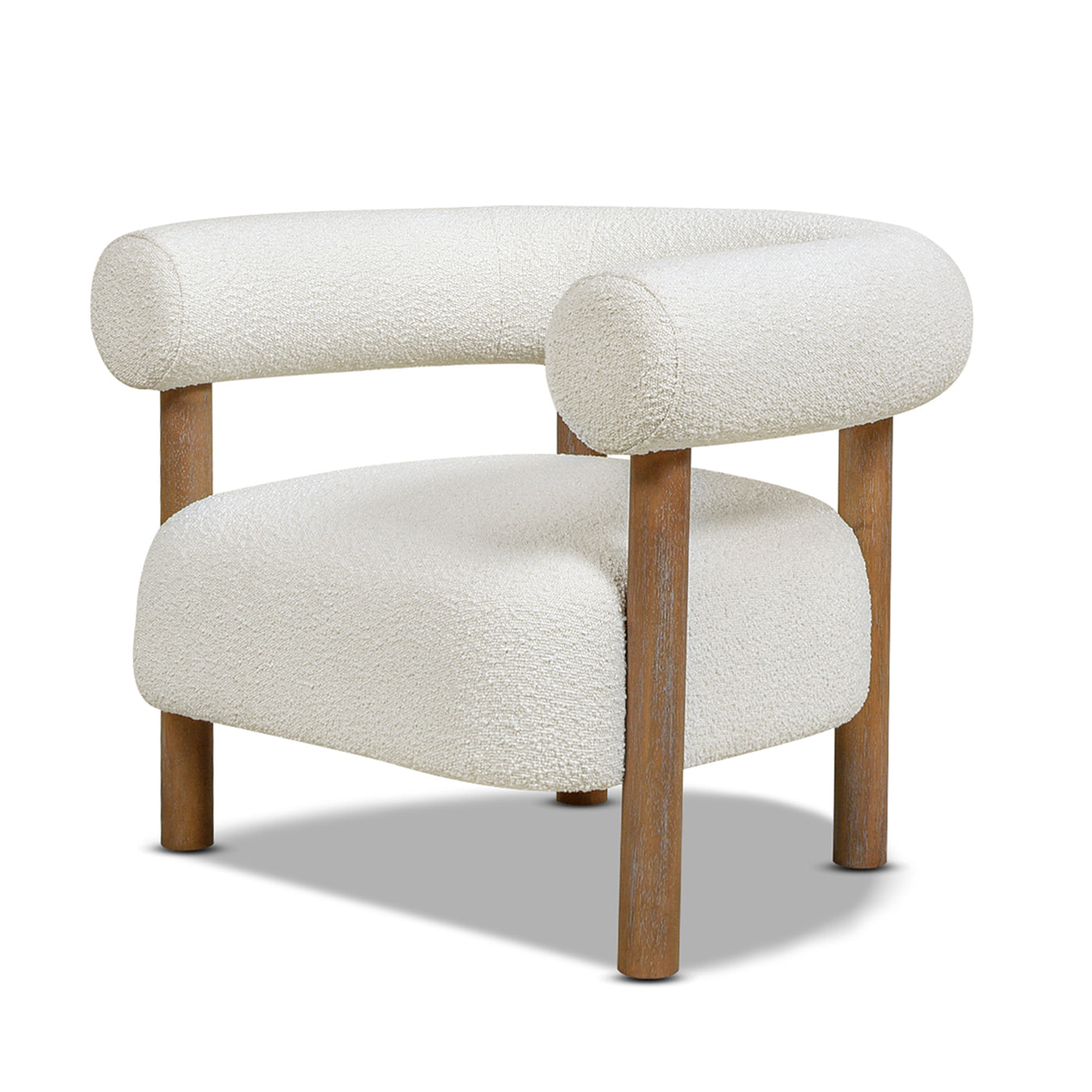 Fuji 37" Mid Century Modern Barrel Accent Arm Chair, Ivory White Boucle White Foam Boucle