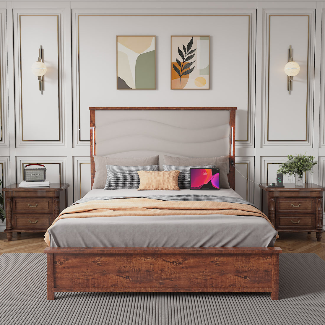 Queen Size Bed Frame With Upholstered Headboard, Queen Bed Frame With Charging Station And Led Lights, Wood Slats, Beige Linen, No Box Spring Needed, Easy Assembly Box Spring Not Required Queen Beige Wood Bedroom Bed Frame Linen Mdf Metal