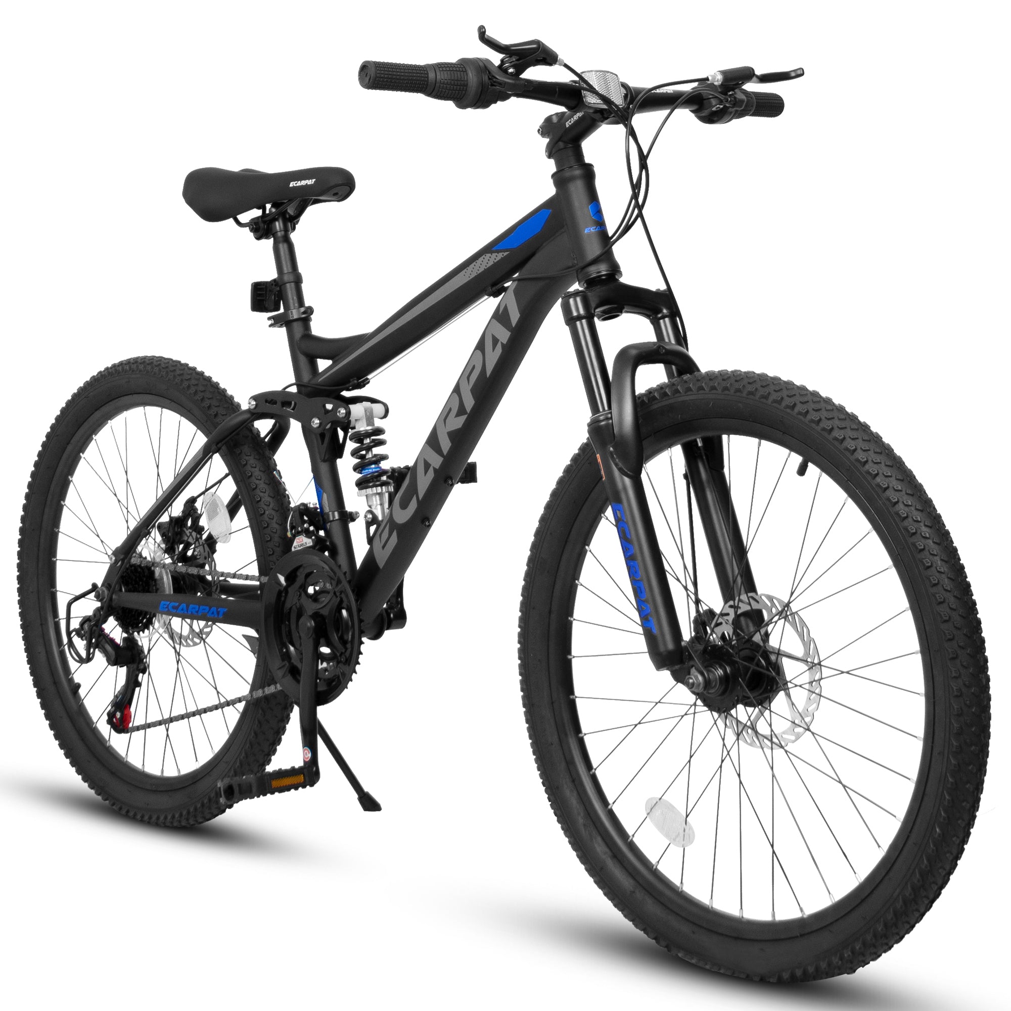 Ecarpat Mountain Bike 24 Inch Wheels, 21 Speed Full Suspension Mens Womens Trail Commuter City Mountain Bike, Carbon Steel Frame Disc Brakes Grip Shifter Front Fork Rear Shock Absorber Bicycles Black Carbon Steel