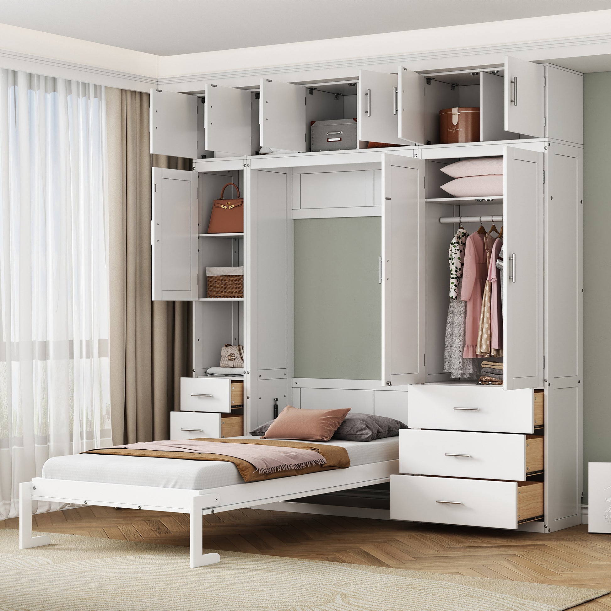 Twin Size Murphy Bed With Lockers And Wardrobes, With Installation Video, White Box Spring Not Required Twin White Murphy Solid Wood Mdf