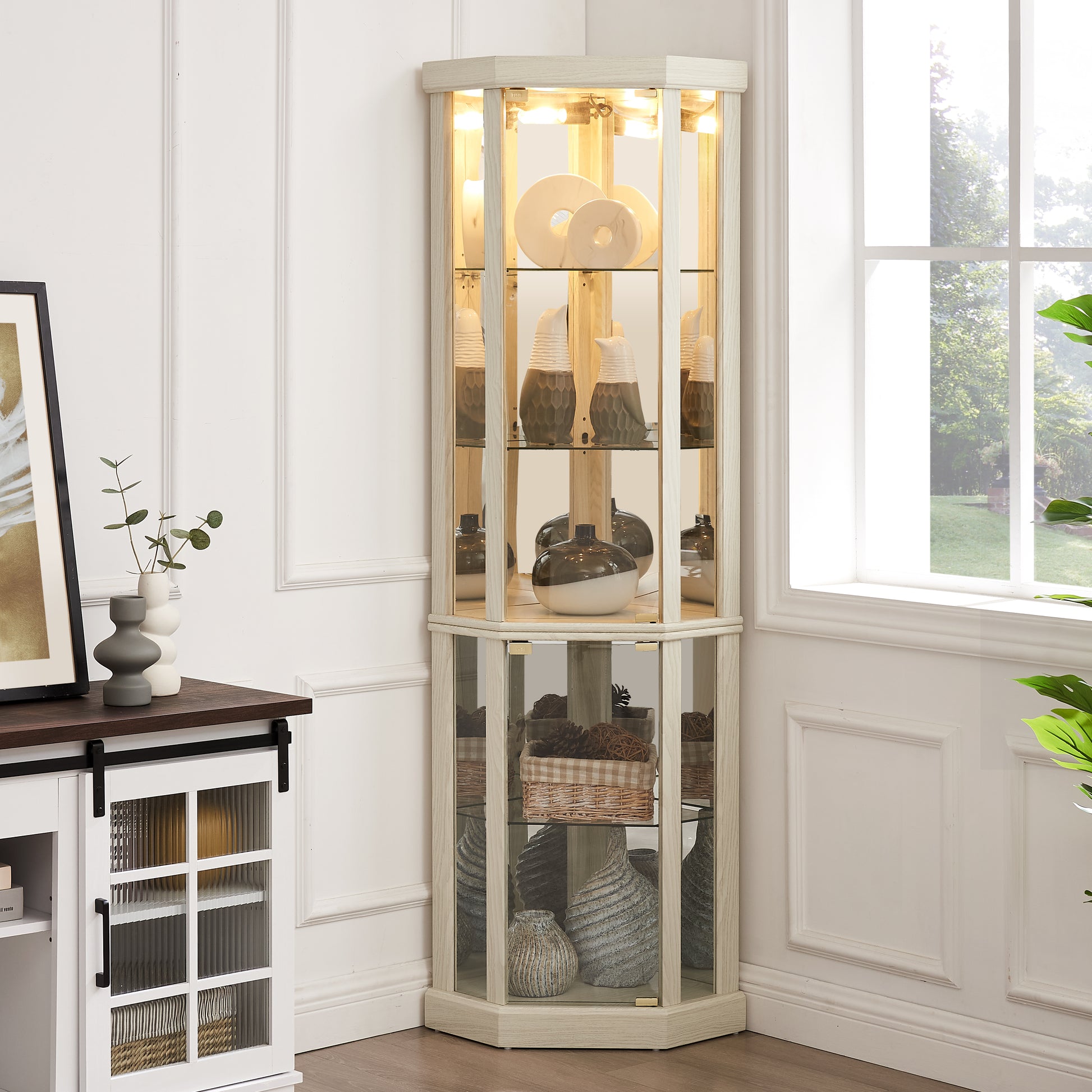 Corner Lighted Curio Cabinet Corner Glass Cabinet Lighted Curio Cabinet Corner Display Case For Living Room, Curio Cabinet, Antique Collection, Wine,Bar Glass Storage Light Included,Antique White Antique White Mdf Glass