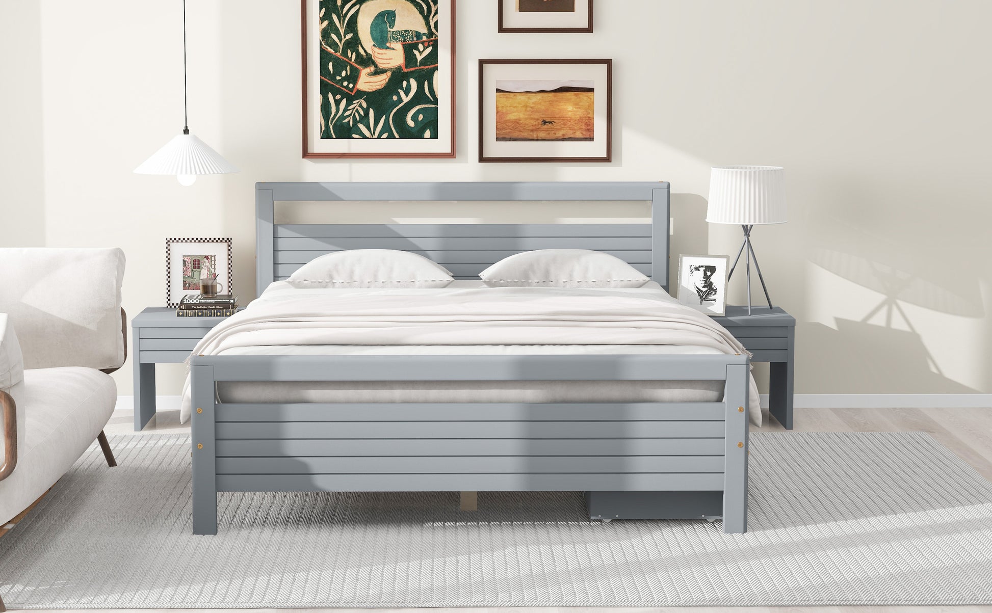 Queen Size Wooden Platform Bed With 2 Storage Drawers And 2 Bedside Tables, Gray Queen Gray Pine