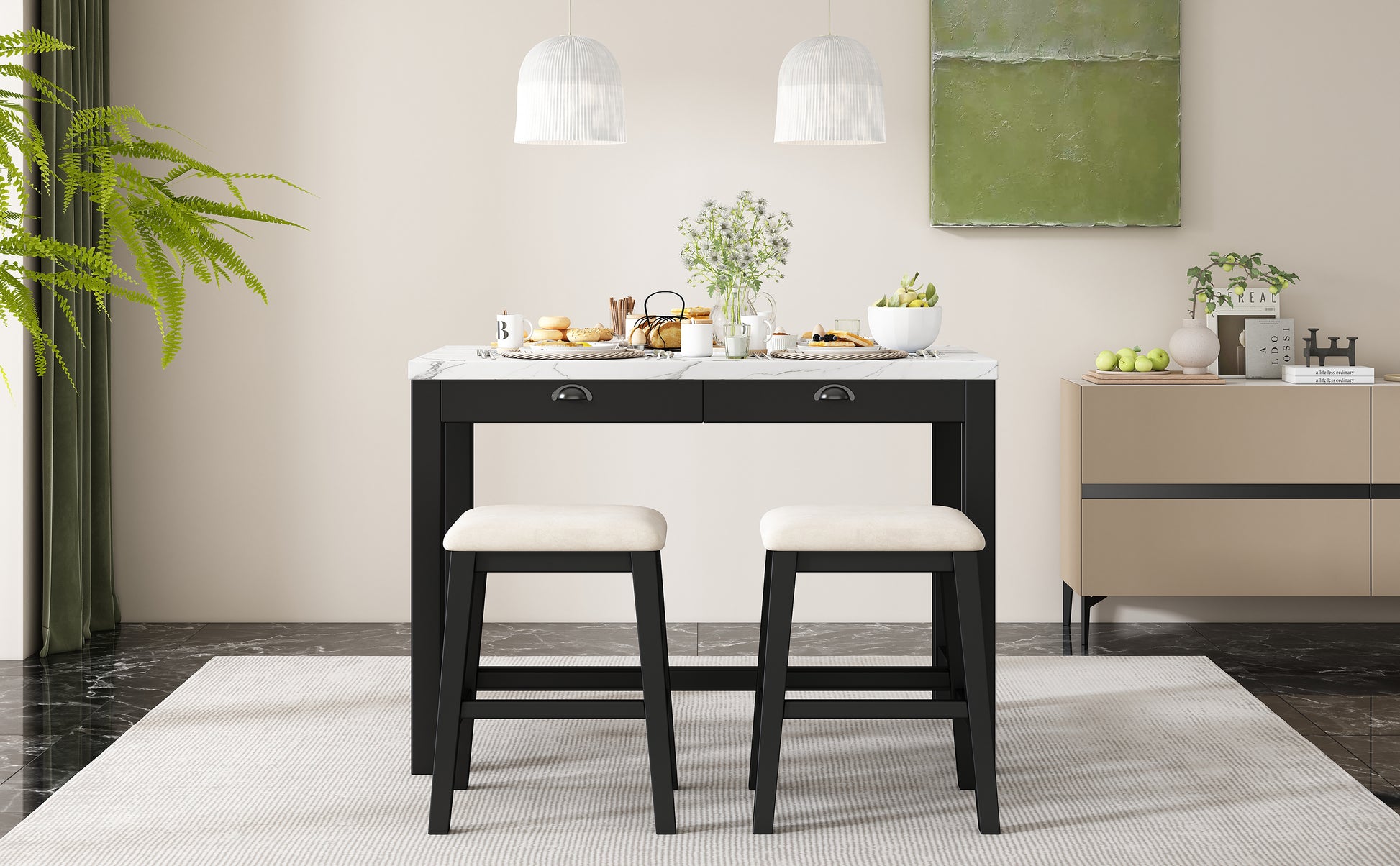 3 Piece Modern Faux Marble Versatile Bar Table Set With Storage Drawers And Padded Stools, Ideal For Space Saving Dining Nooks Or Small Kitchens Black Black Solid Wood Mdf