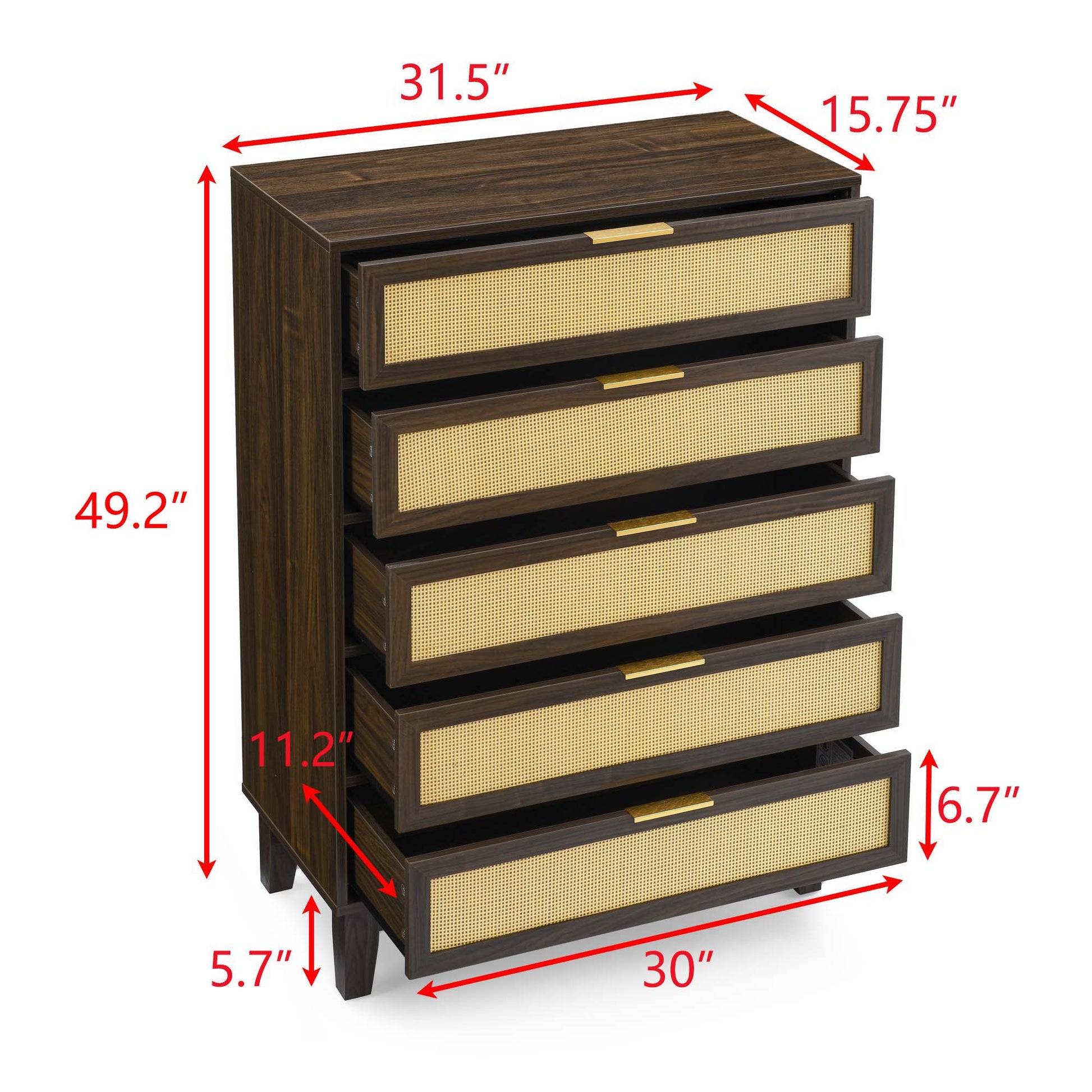 Bedroom 5 Drawer Dresser, Rattan Dresser Modern Wooden Chest Of Drawers With Spacious Storage Space For Bedroom Hallway Living Room Walnut Solid Wood Mdf