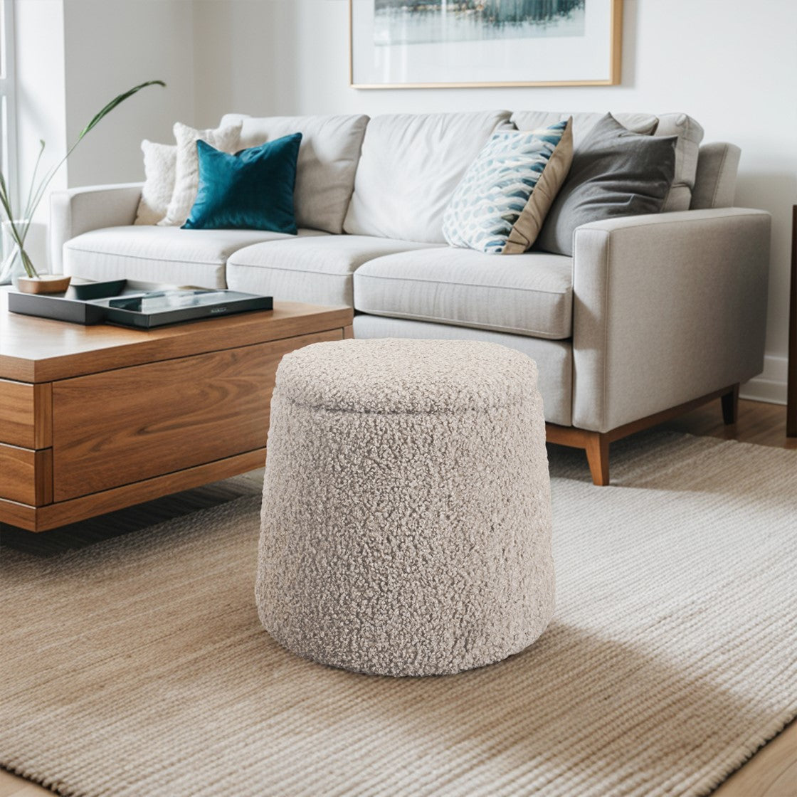 Round Storage Ottoman Beige Upholstered