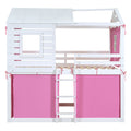 Full Size Bunk Wood House Bed With Tent, Pink White Full Pink White Solid Wood Mdf