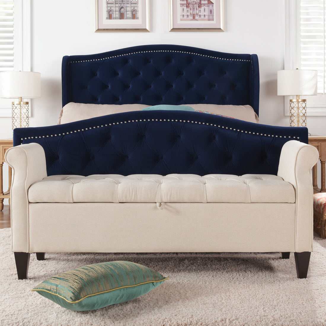 Jacqueline 57.5" Tufted Roll Arm Storage Bench, Sky Neutral Beige Polyester Beige Foam Polyester