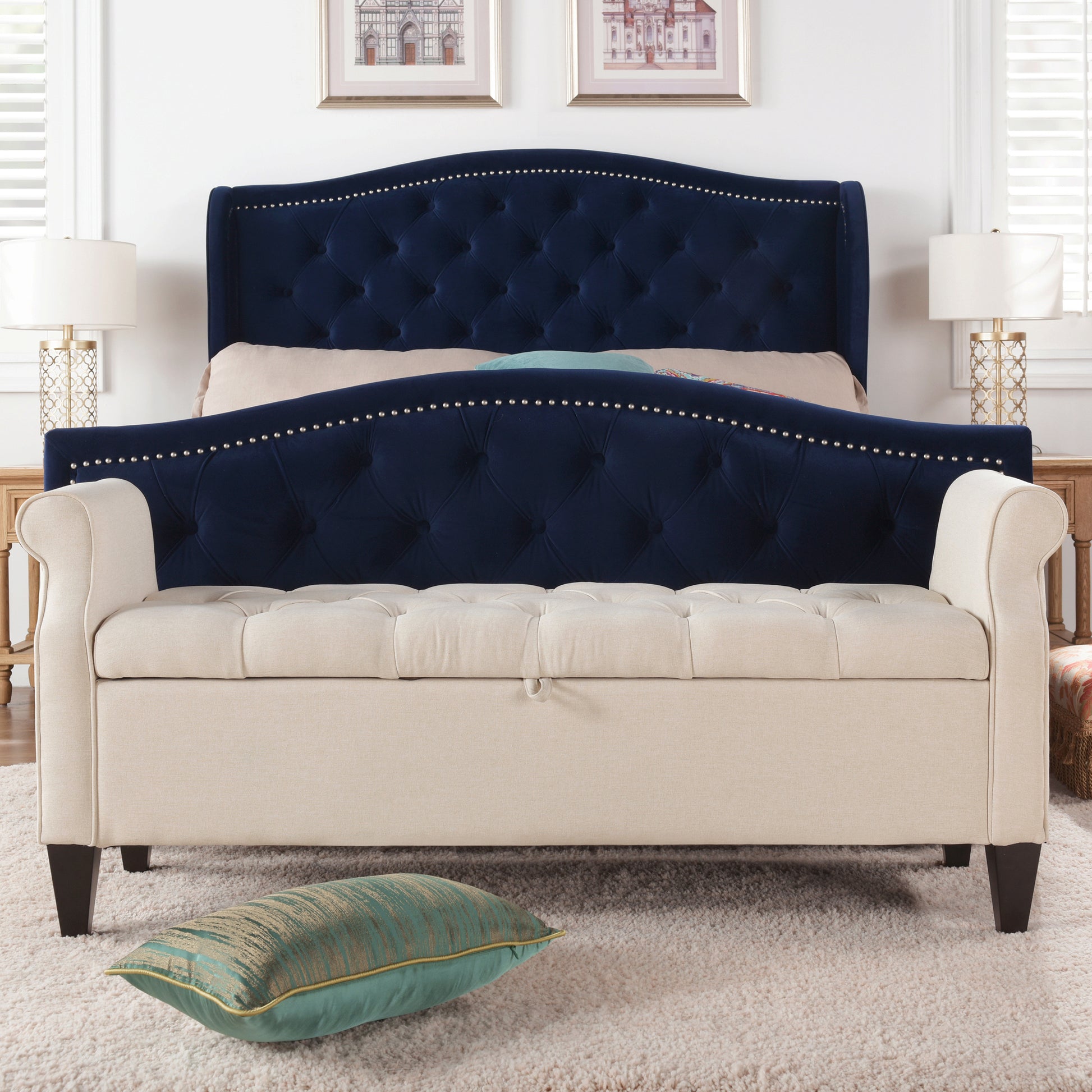 Jacqueline 57.5" Tufted Roll Arm Storage Bench, Sky Neutral Beige Polyester Beige Foam Polyester