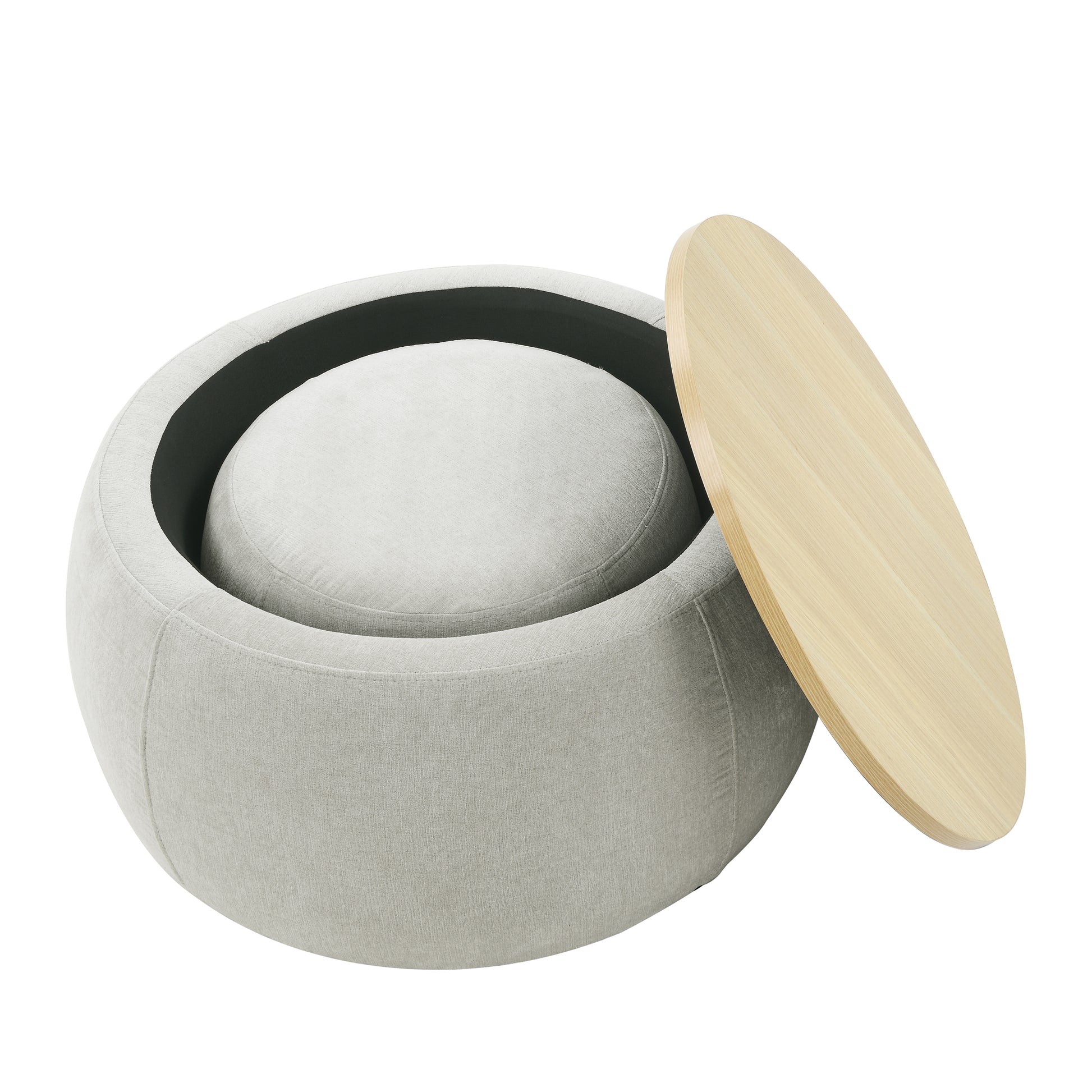 Round Storage Ottoman, 2 In 1 Function, Work As End Table And Ottoman,With Small Seat,Light Grey 25"X25"X14.7" Light Grey Foam