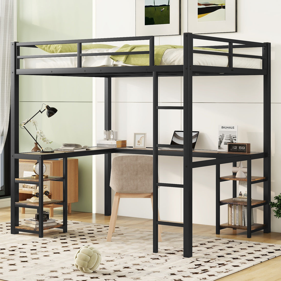 Full Metal Loft Bed With Desk And Shelves, Loft Bed With Ladder And Guardrails, Loft Bed Frame For Bedroom, Black With Vintage Wood Colored Desk Black Metal