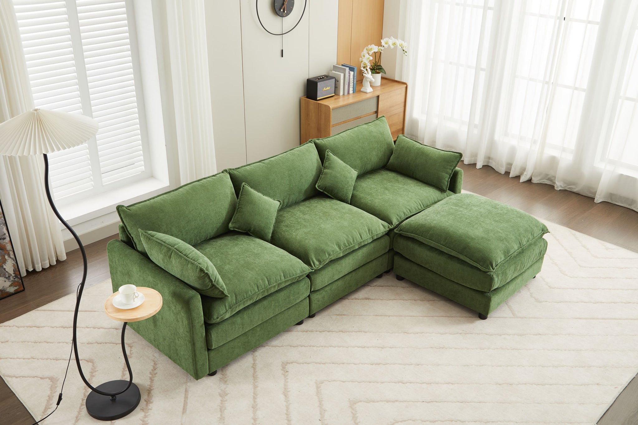 Modular Sectional Sofa, 3 Seater Sofa With Ottoman, Modern L Shaped Sofa For Living Room Bedroom Apartment Green Wood Fabric 4 Seat