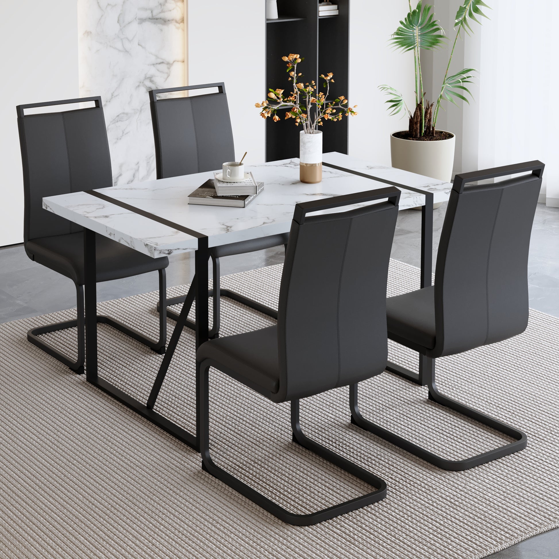 Table And Chair Set.A Modern Minimalist White Marble Veined Mdf Dining Table With Black Metal Frame.Paried With 4 Chairs With Pu Cushions And C Tube Black Metal Legs. White Black Seats 4 Mdf Metal