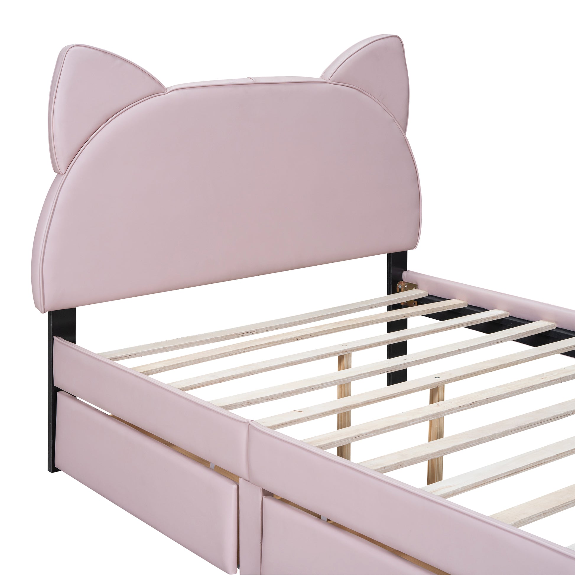 Full Size Upholstered Platform Bed With Cartoon Ears Shaped Headboard And 2 Drawers, Pink Box Spring Not Required Full Pink Wood Bedroom Bed Frame Faux Leather Upholstered