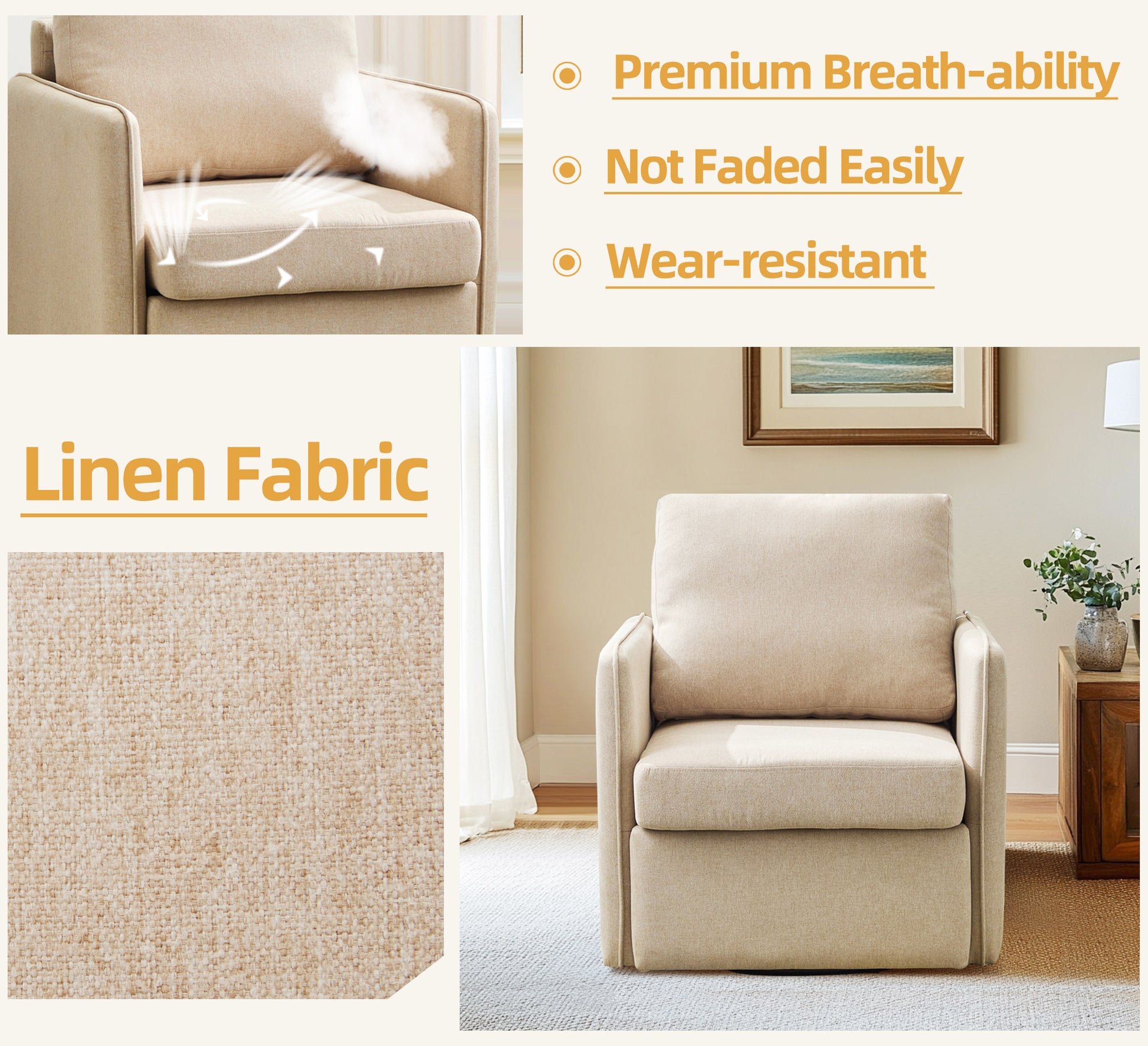 Swivel Accent Chair, Comfy Single Sofa Chair With Storage, Modern Arm Chair For Living Room, Fabric Swivel Armchair With Metal Base Beige Beige Brown Linen
