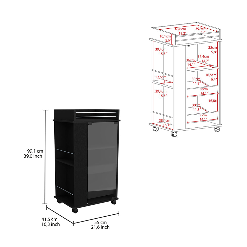 Baltimore Bar Cart With Casters, Glass Door And 2 Side Shelf Black Primary Living Space Modern Particle Board Shelves Included Engineered Wood