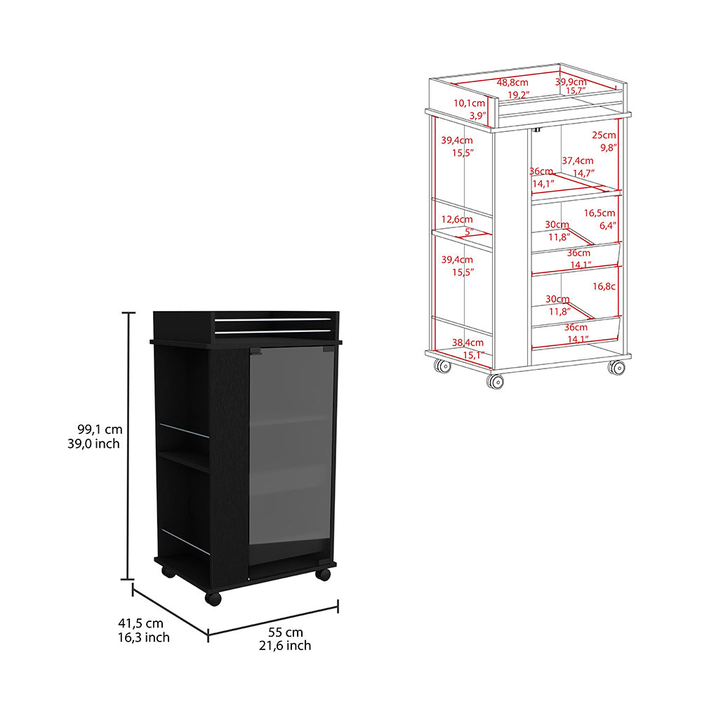 Baltimore Bar Cart With Casters, Glass Door And 2 Side Shelf Black Primary Living Space Modern Rectangular Particle Board Engineered Wood Medium 40 55In