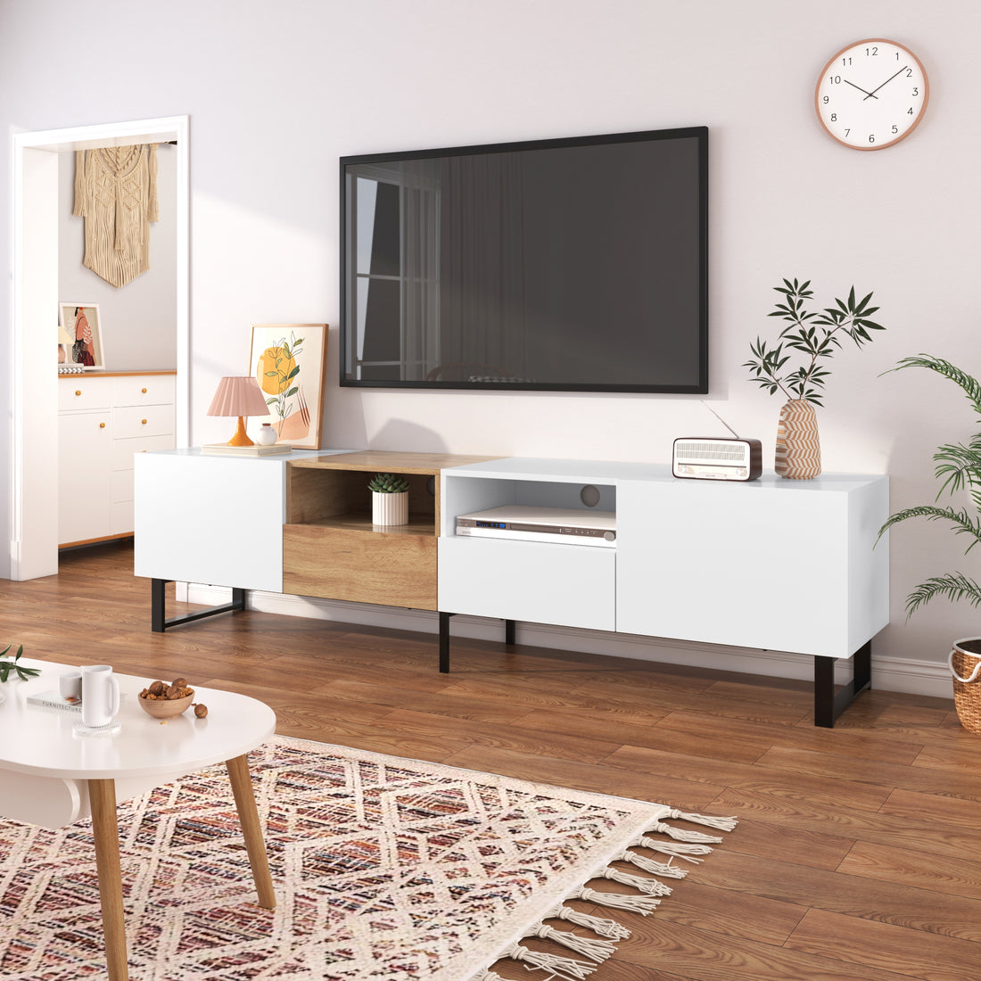 Modern Tv With 2 Cabinets& Open Storage Compartment, Color Matching Media Console Table For Tvs Up To 85'', Entertainment Center With Drop Down Door For Living Room, Bedroom, Home Theatre Wood Brown Primary Living Space 70 79 Inches 90 Inches Or Larger