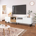 Modern Tv With 2 Cabinets& Open Storage Compartment, Color Matching Media Console Table For Tvs Up To 85'', Entertainment Center With Drop Down Door For Living Room, Bedroom, Home Theatre Wood Brown Primary Living Space 70 79 Inches 90 Inches Or Larger