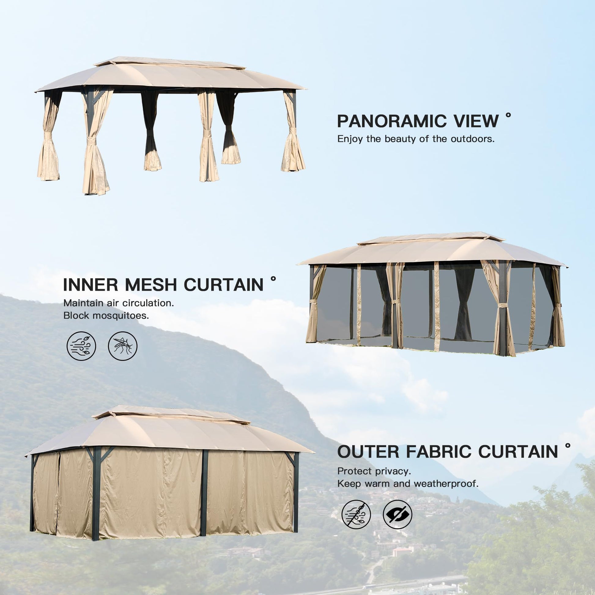 Gazebo 10X20Ft, Outdoor Gazebo With Double Roofs, Privacy Curtains, Mosquito Nettings, Heavy Duty Metal Frame Party Tent Canopy For Patio, Backyard, Deck, Lawn, Brown Brown Garden & Outdoor Steel