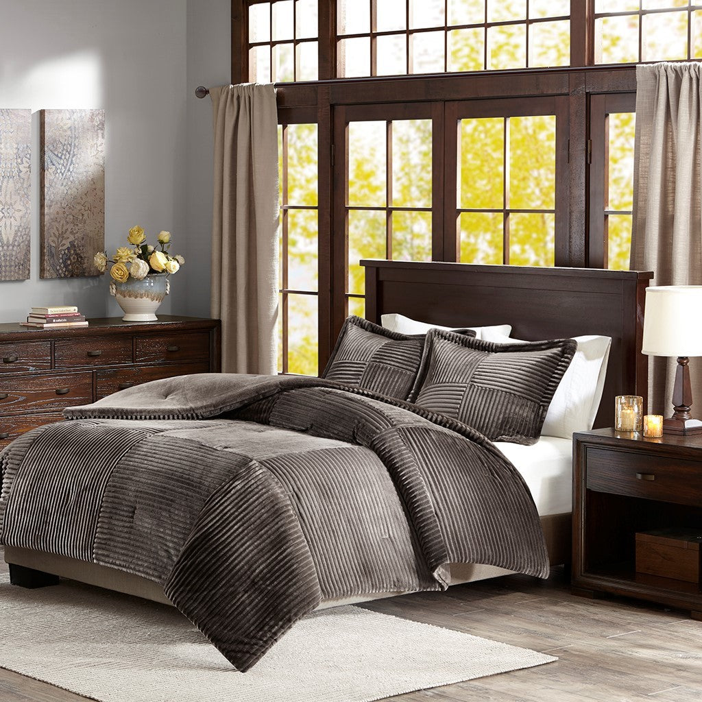 Plush Down Alternative Comforter Set King Brown Grey Polyester