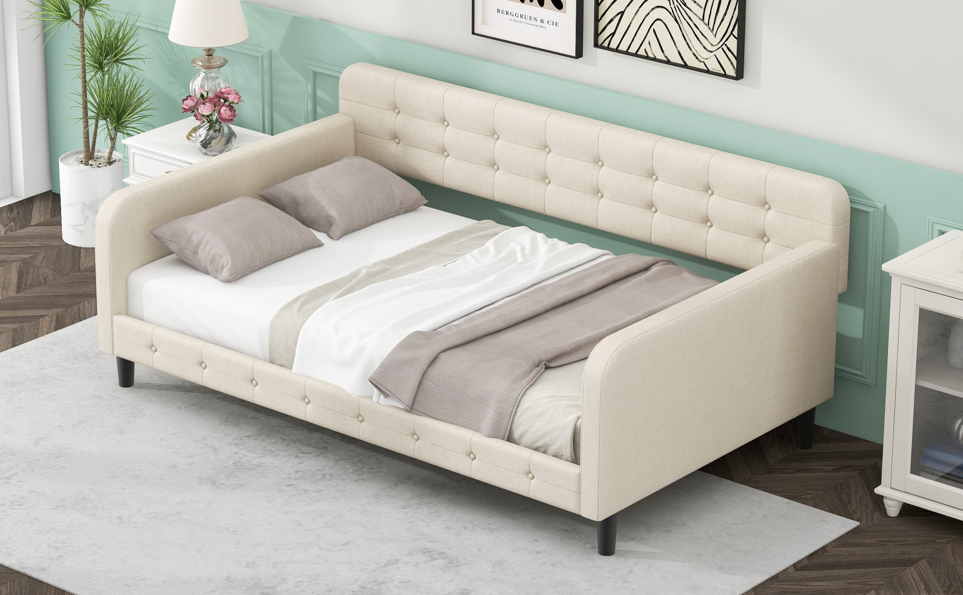 Twin Size Upholstered Tufted Daybed With 4 Support Legs, Beige Box Spring Not Required Twin Beige Wood Bedroom Daybeds Linen Upholstered